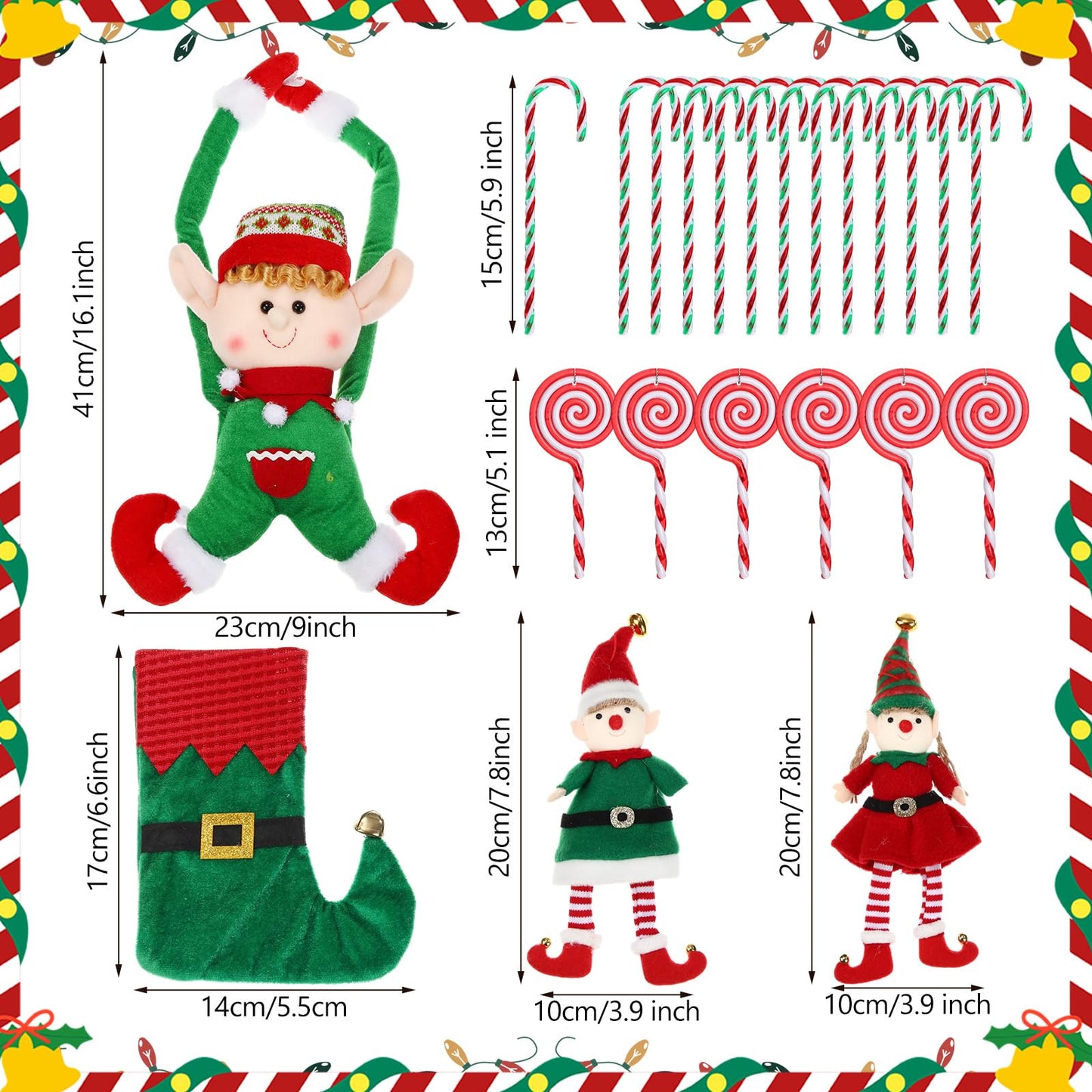 43 Pcs Elf Christmas Tree Decorations Elf Christmas Tree Hanging Ornaments Topper Candy Ball Pendant Red White Green Hanging Ornaments for Holiday Party Decoration