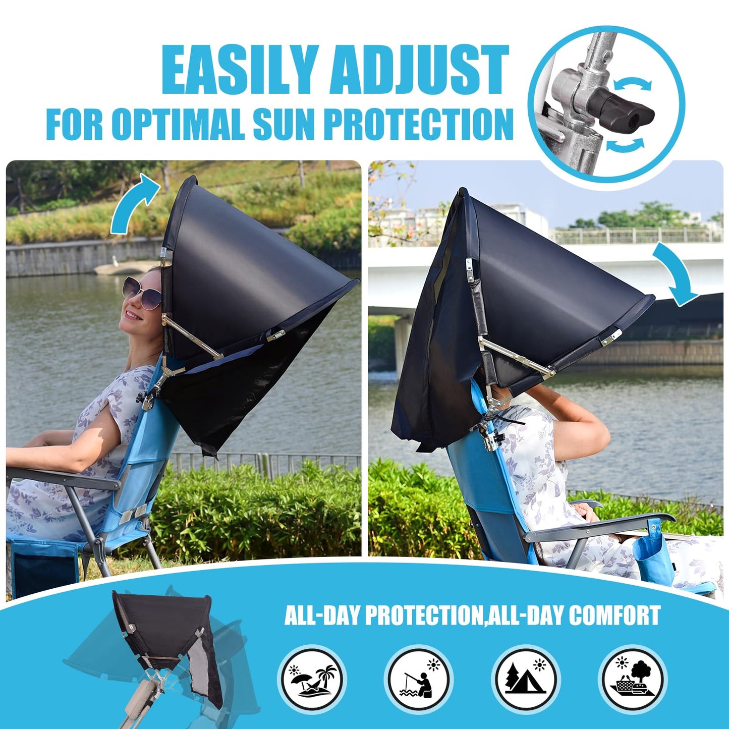 Universal Wind-Resistant Chair Umbrella Canopy, Foldable Portable UPF 50+ Sun Shade Attachment with Adjustable Clamp, Fits Most Beach, Outdoor, Camping, Lawn, Zero Gravity Chairs, Wheelchairs, 2 Pack