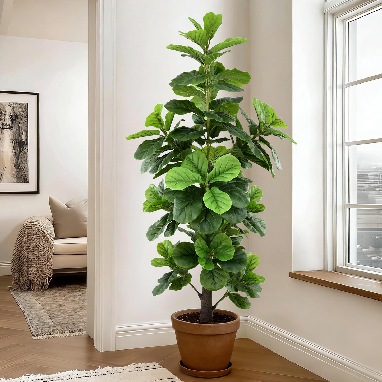 Artificial Fiddle Leaf Fig Tree 6ft - Tall Faux Ficus Lyrata Plant with Realistic Leaves and Large Trunk, 72" Fake Fig Tree in Pot for Home Living Room Office Porch Indoor Decor Perfect Housewarming