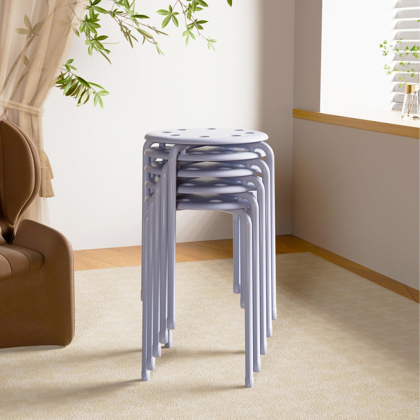 VECELO Stackable Stools Set of 6, 17.7 Inch Standard Height, Portable Plastic Colourful Decoration Stools for School Classroom and Office, No Assembly Required, White
