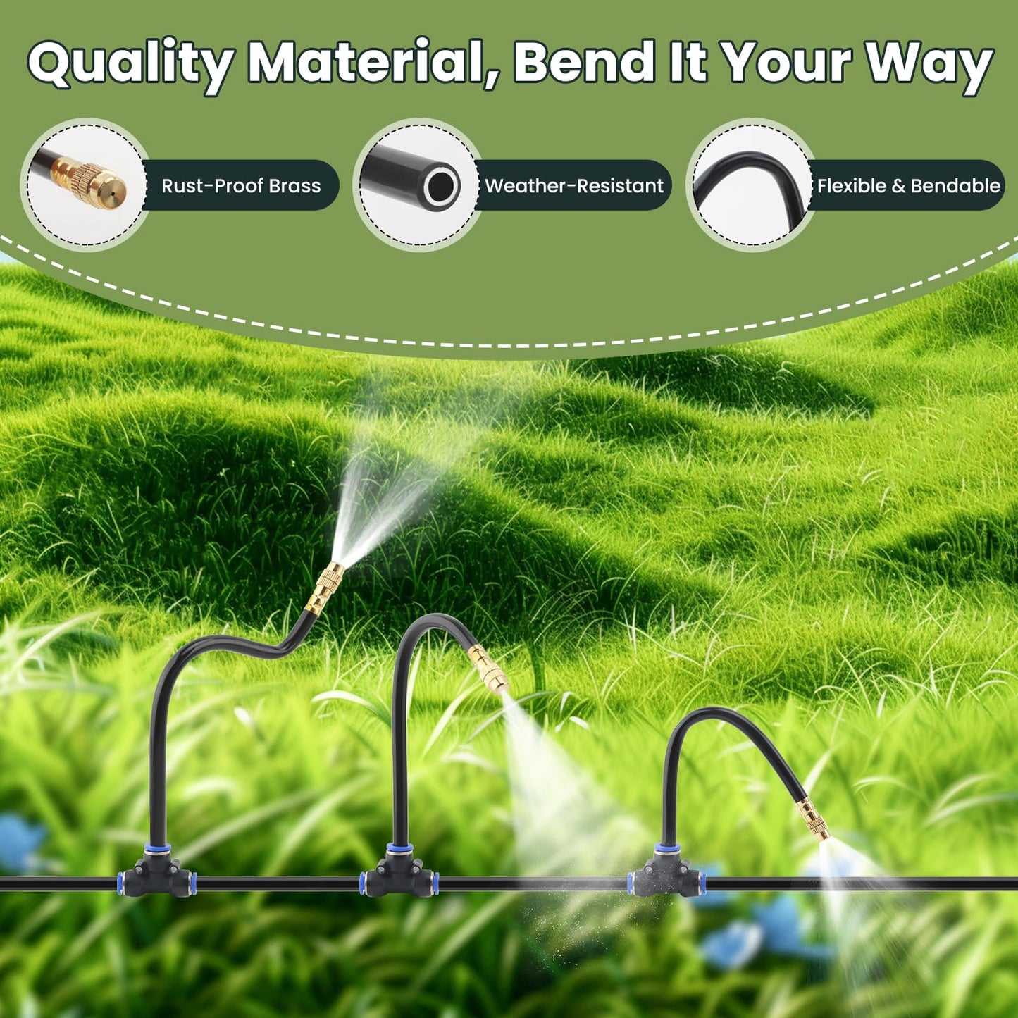 100FT Automatic Drip Irrigation Kits with Water Timer - Garden Watering System with 360° Bendable Spray Adjustable Copper Atomizing Nozzles for Yard, Lawn, Raised Bed, Greenhouse, Potted Plants