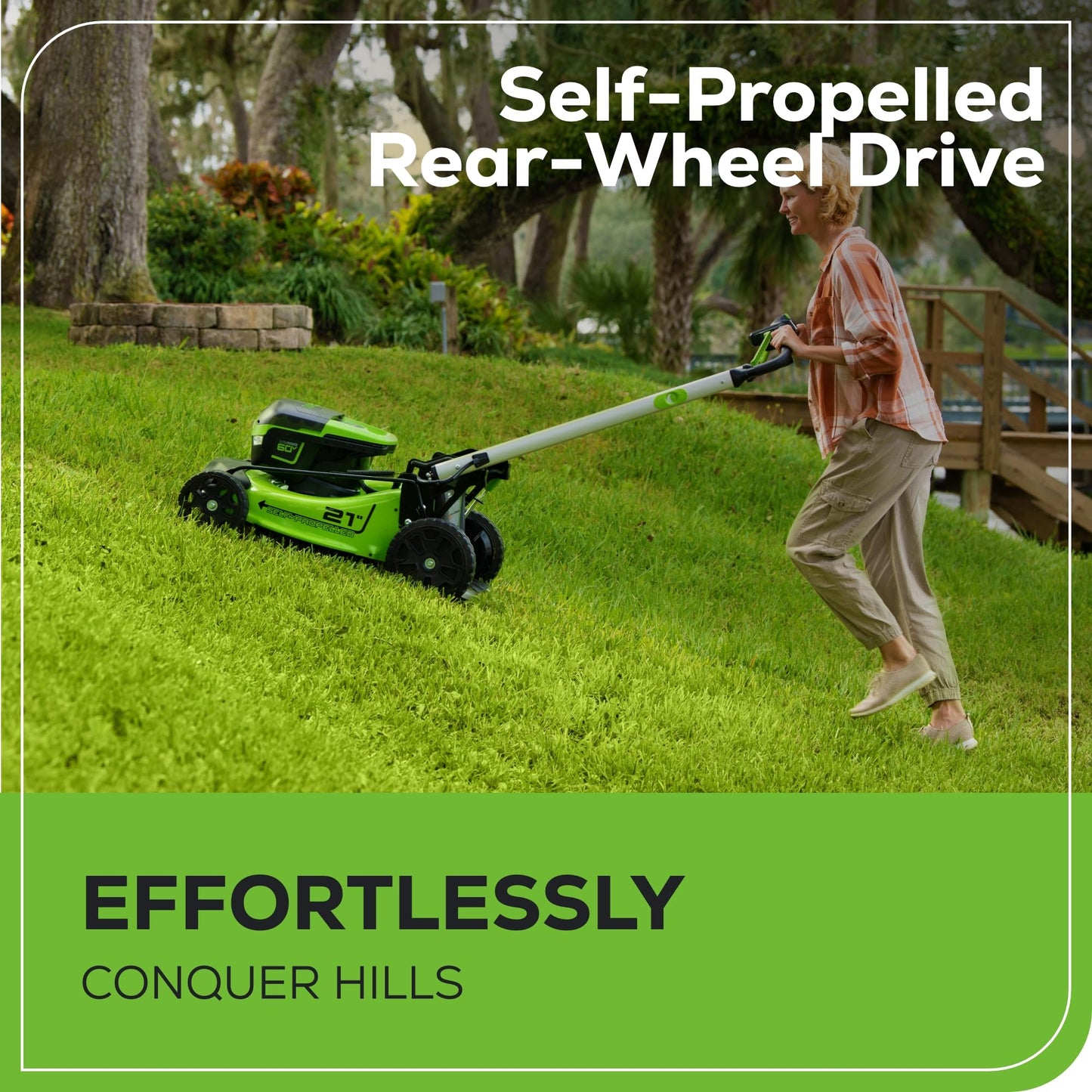 Greenworks 60V 21" Brushless (Self-Propelled) Cordless Lawn Mower, 2 x 4.0Ah Batteries (3/4 Acre, Rapid Charger, 4-in-1, LED Lights, IPX4)