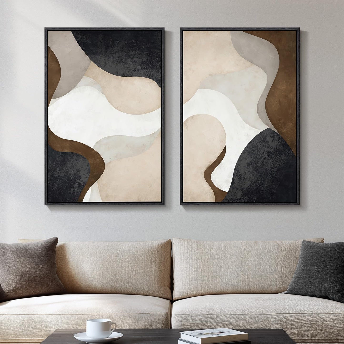Framed Neutral Abstract Minimalist Wall Art Set of 2, Modern Canvas Prints Paintings Artwork for Walls, Black Beige Brown Abstract Art Pictures for Bedroom Living Room Dining Room Wall Decor 16x24 In