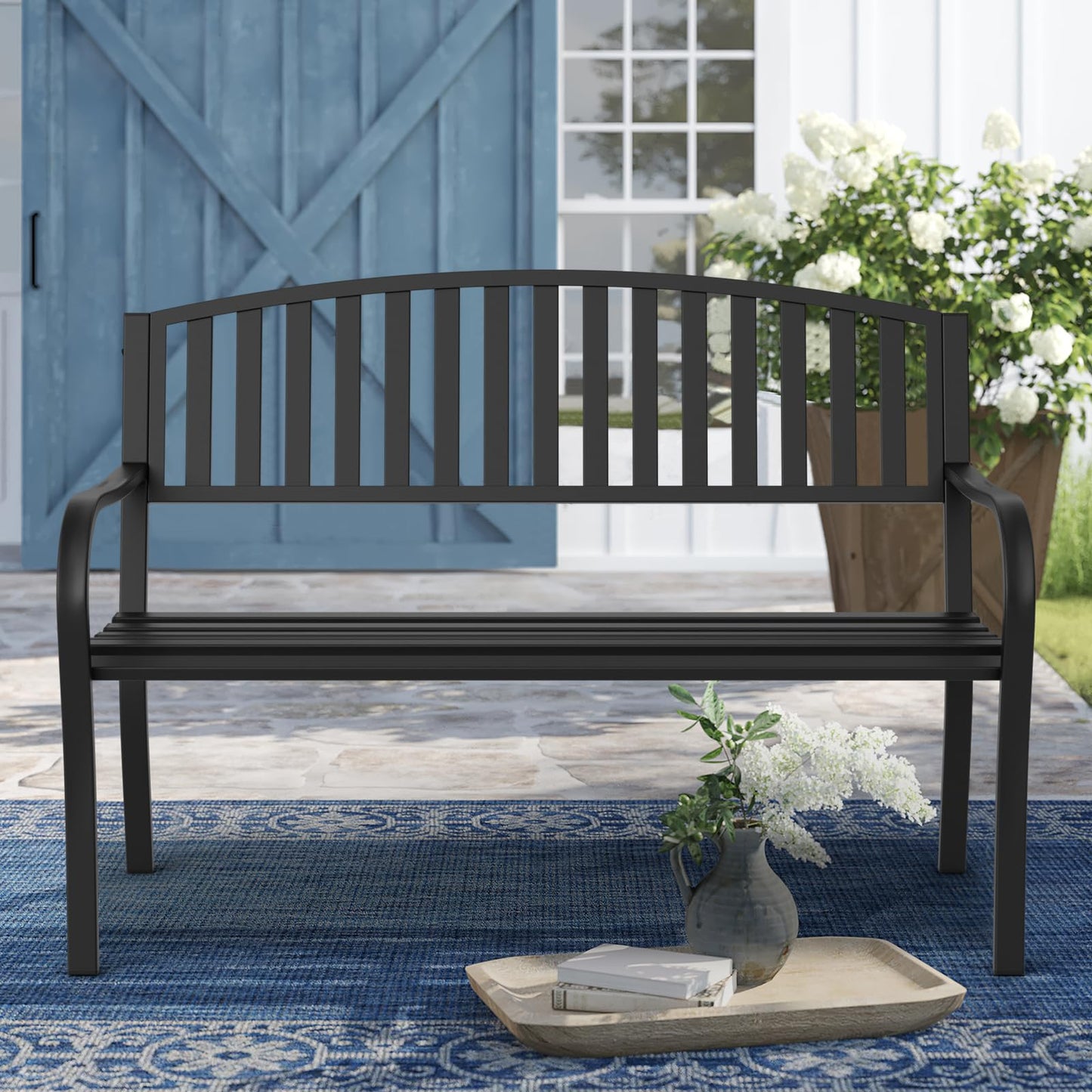 Maemttes Outdoor Bench Garden Bench, Weatherproof Anti-Rust Heavy-Duty Outside Benches Clearance, Wrought Iron Metal Bench for Front Porch, Patio, Park