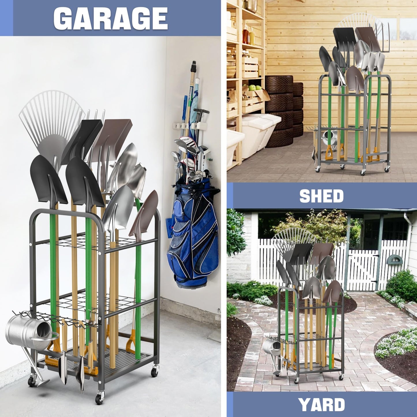 WALMANN Garden Tool Organizer with Wheels for Garage, Rakes/Shovels/Yard Tools Stand for Garden, Shed, Indoor/Outdoor Long-Handled Tools Rolling Cart(Small)