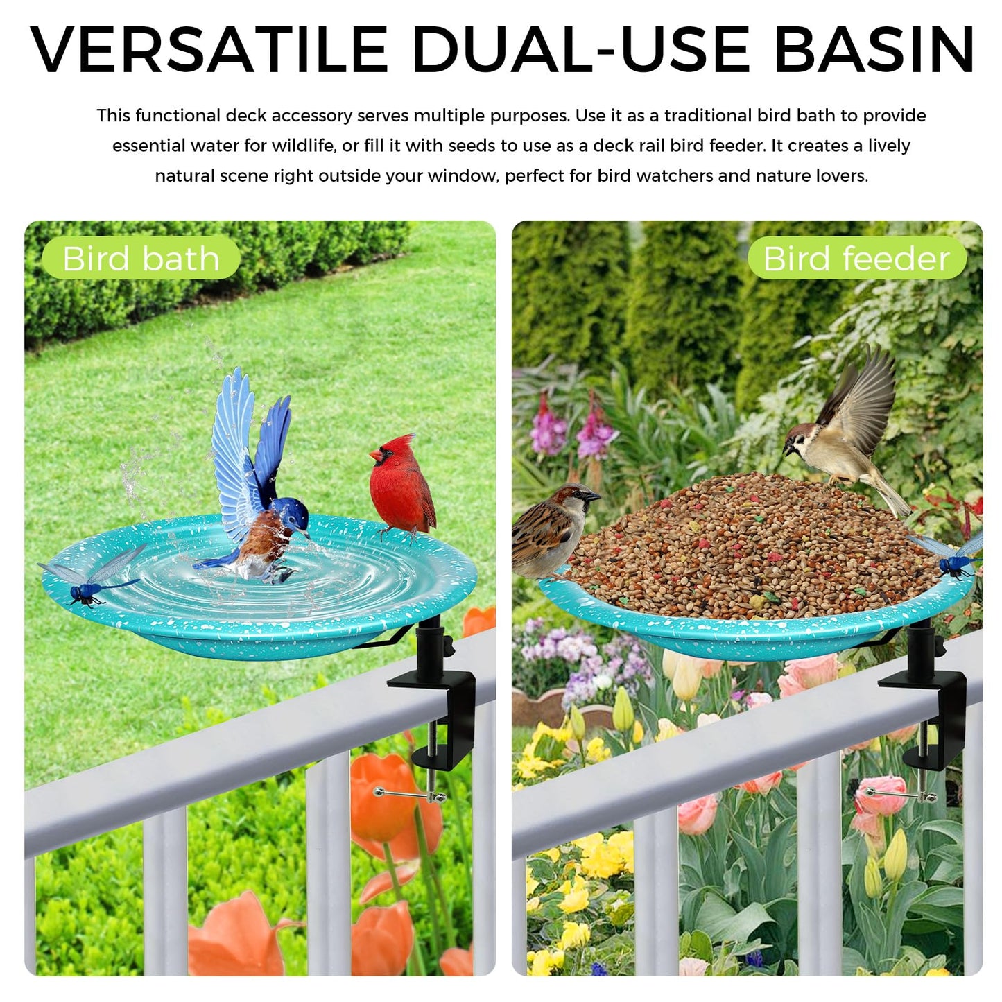 Deck Mounted Bird Bath,Premium Bird Water Feeder Bowl with Adjustable Clamp for Railing–Detachable & Weather Resistant Outdoor Garden Decor 11.5Inch (Sky Blue with White Dots)