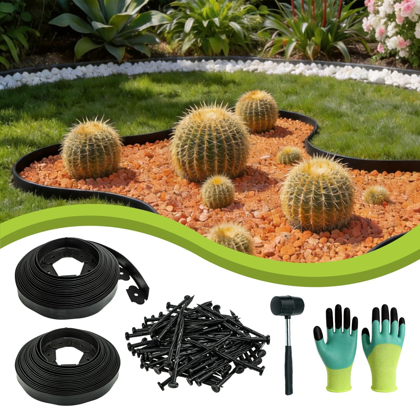 1.5in x 100ft No Dig Landscape Edging, Garden Edging Border with 150 Spikes, Hammer & Gloves, Tool-Free HDPE Lawn Edging Kit for Garden Yard Flower Beds Pathway Landscaping Project