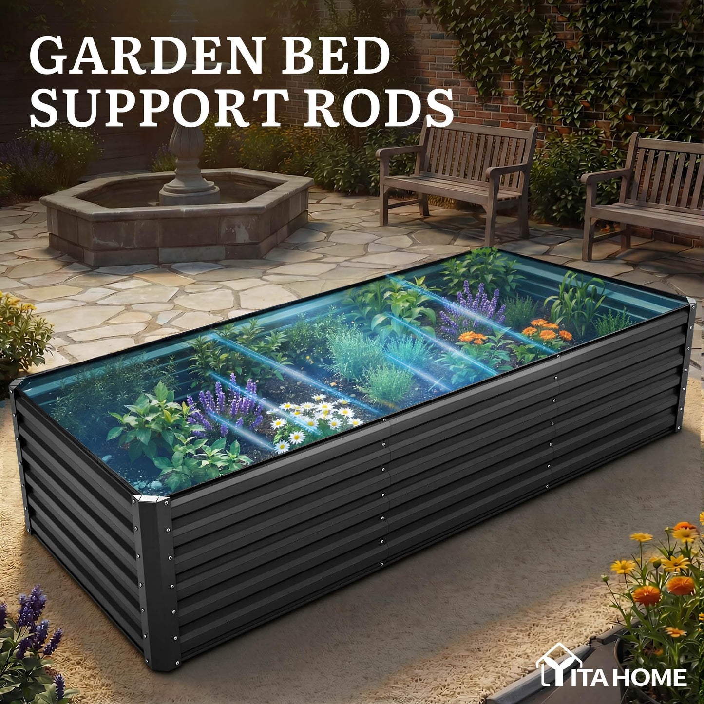 YITAHOME 96x48x24 in Galvanized Raised Garden Bed Kit, Large Metal Planter Box with Gloves, Safety Rubber & Support Rod, Outdoor Flower Bed for Plants Vegetables, Black