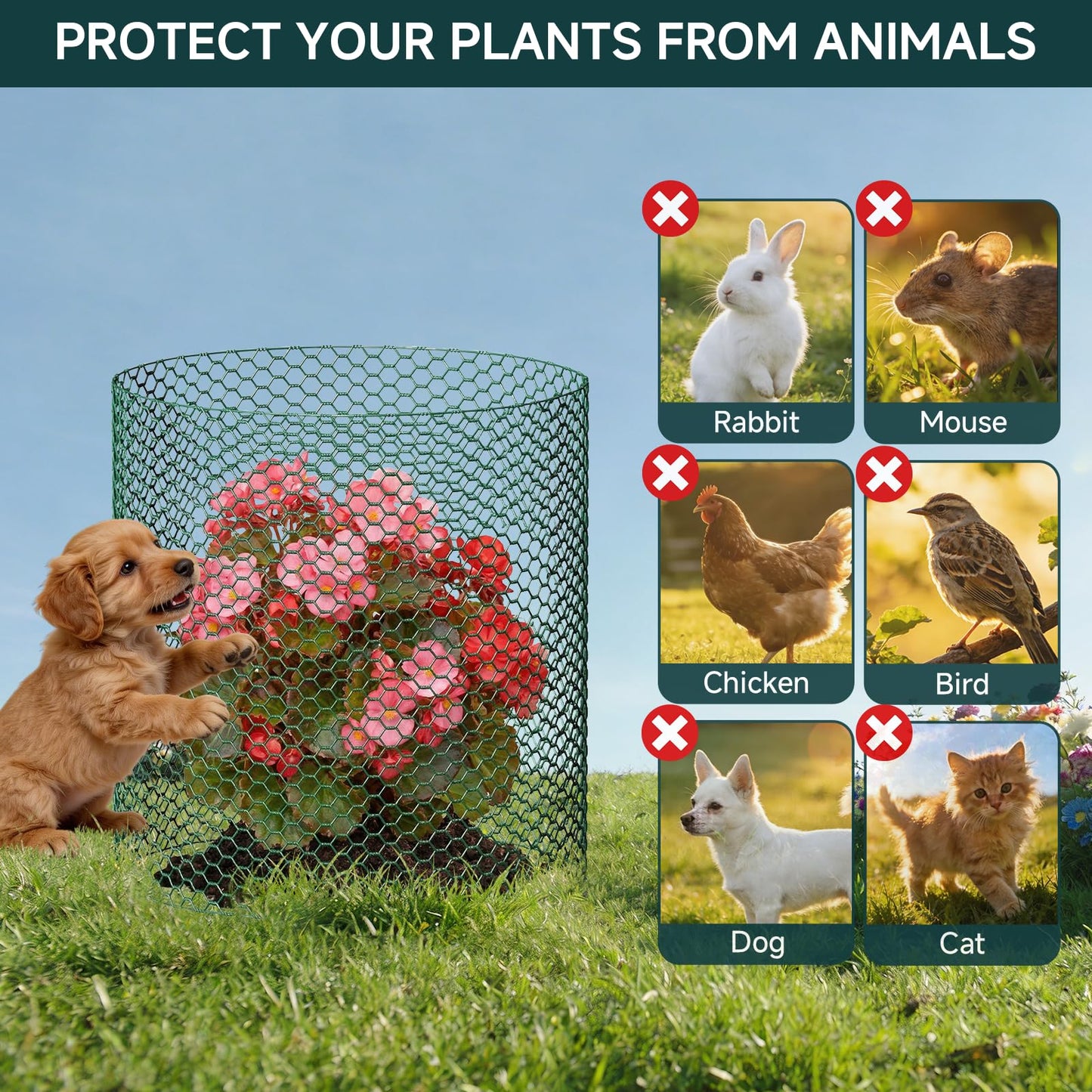 16In x 49.2Ft Plant Protectors from Animals, Wire Plant Cages for Outdoor Plants Chicken Wire Garden Protection from Animals Plant Fence Protectors to Keep Animals Out with Ground Stakes & Nylon Ties