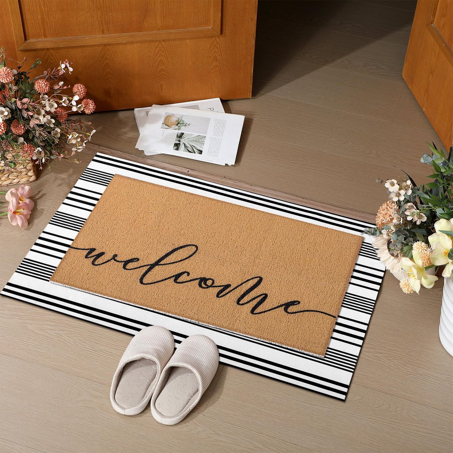 Tinideya 2 Pcs Door Mat Welcome Non Slip Coir Mats Floor Layering Doormats Seasonal for Front Porch Entryway Decor(Welcome)