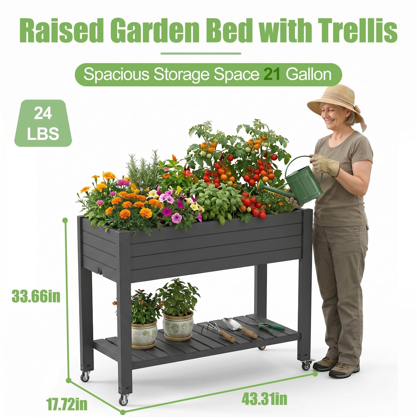 EFU Raised Garden Beds Outdoor, with Wheels for Mobility, Extra Storage Shelf, Water Level Monitoring, 21 Gallon Planter Raised Beds for Vegetables, Herbs, Fruits, Backyard, Patio, Balcony (Black)