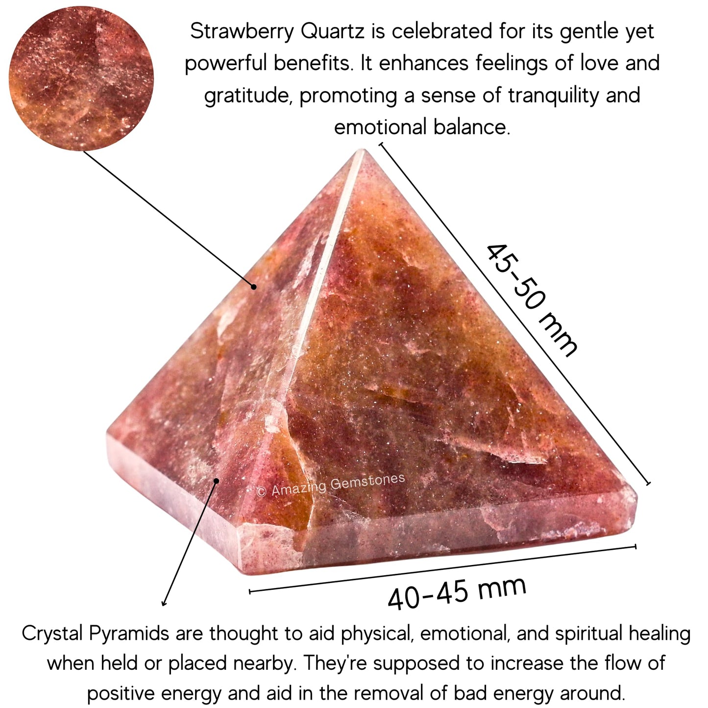 Amazing Gemstone Strawberry Quartz Pyramid Crystal Healing Stones - 2" Great Pyramid Figurine of Natural Stone Pyramid for Meditation, Reiki, Chakra Balancing and Crystal Pyramids Grid