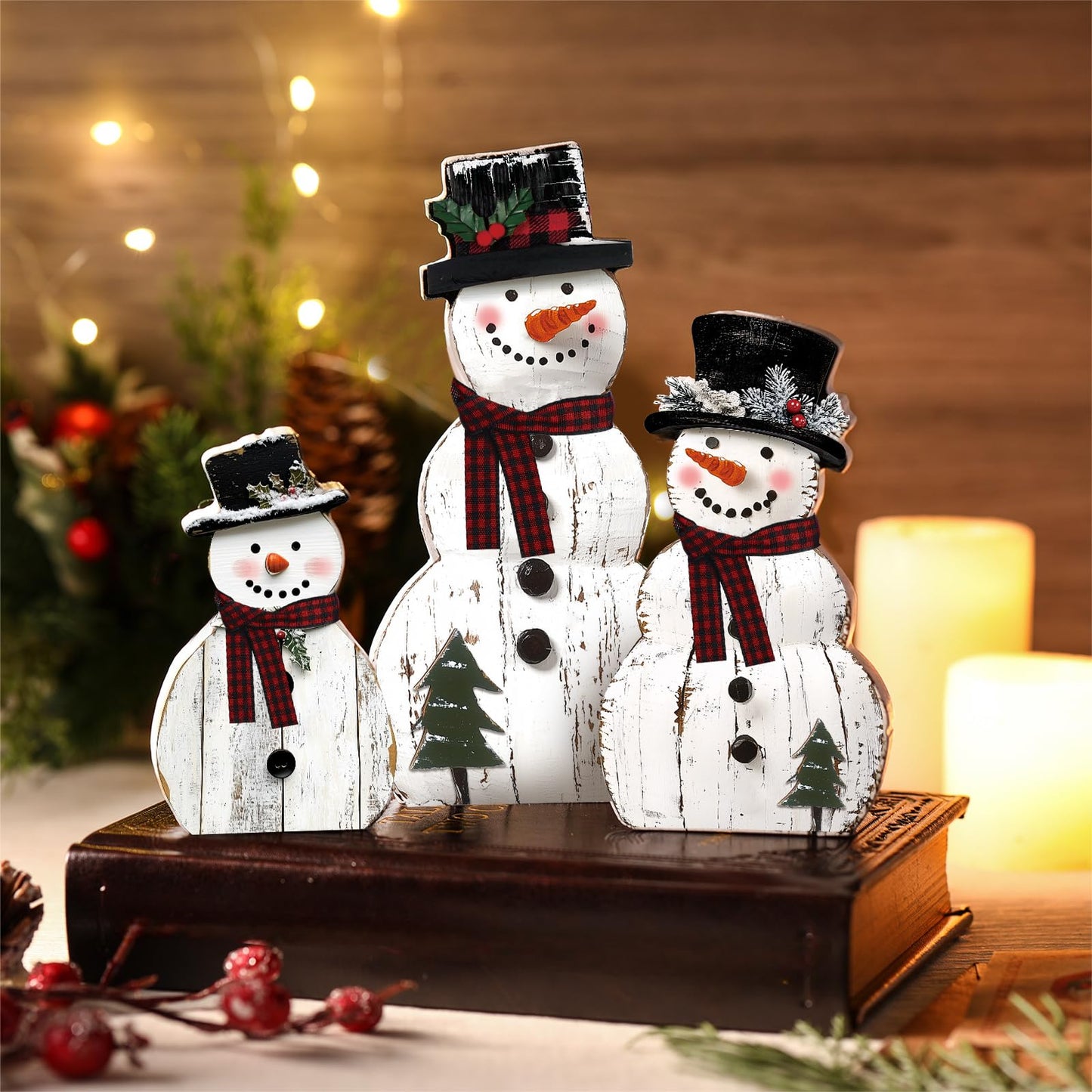 Barydat 3 Pcs Christmas Snowman Wooden Decorations Rustic Snowman Table Centerpieces Block Sign for Xmas Holiday Party Winter Indoor Home Kitchen Office Room Decorations