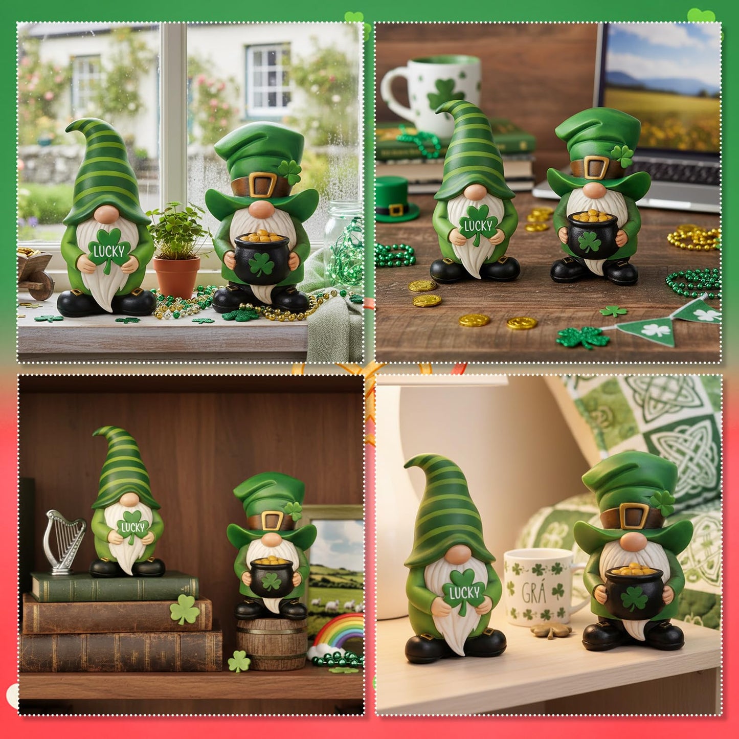 Simgoing 4 Pcs Holiday Gnomes Figurines 2 Valentines 2 St Patrick's Day Gnomes, Resin Love Heart Figurines Lucky Tabletop Decor Holiday Statues Centerpieces for Spring Home Table Tiered Tray