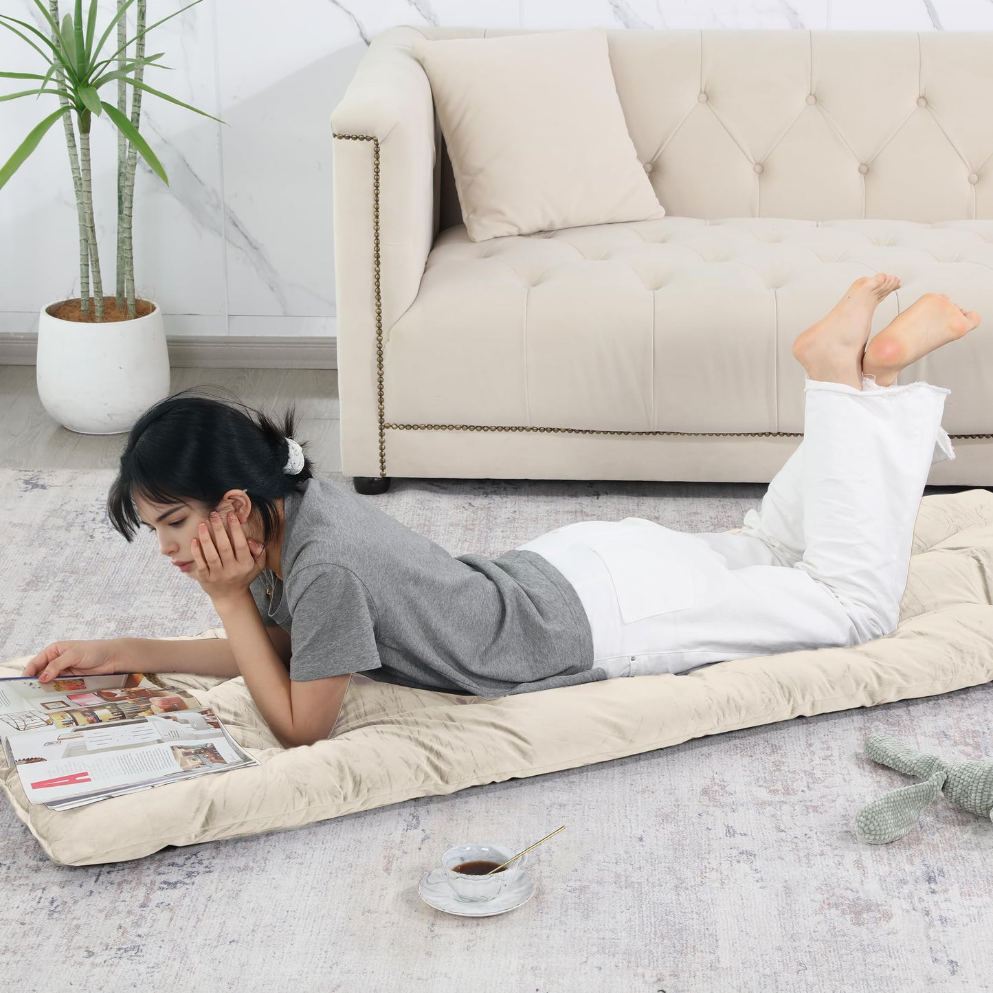 HOMBYS Floor Lounger Pillow Foldable and Tufted Design Long Floor Cushion for Yoga, Reading, Sleeping, Meditation, Elastic Band for Roll Up and Easy Storage, Machine Washable (Beige, 62"x27")