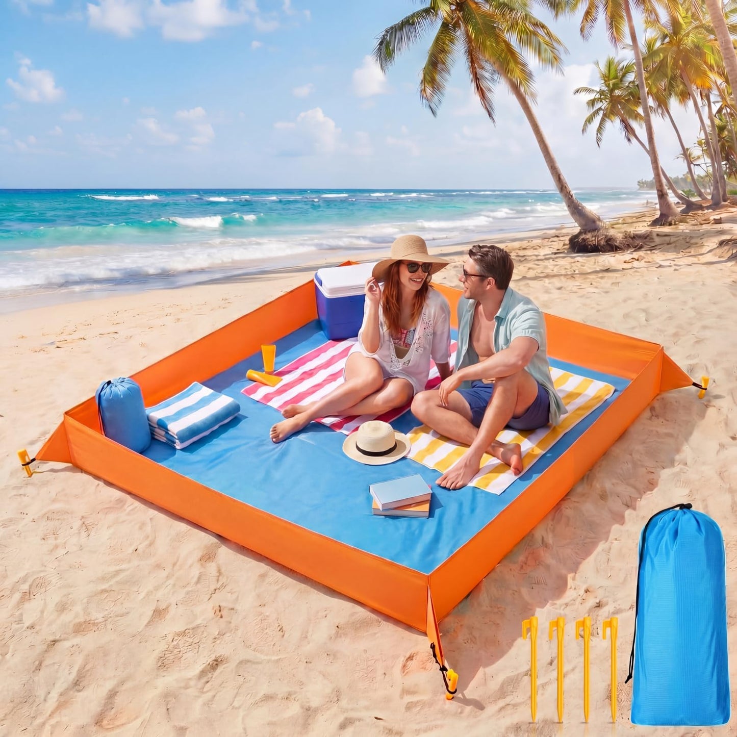 Qunclay Oversize Large Sandproof Beach Blanket 7.2 x 4.6 ft Outdoor Playpen Mat with 3.5" Tall Walls Waterproof Sand Free Picnic Sheet with Stakes & Storage Bag for Family, Beach Camping Essentials