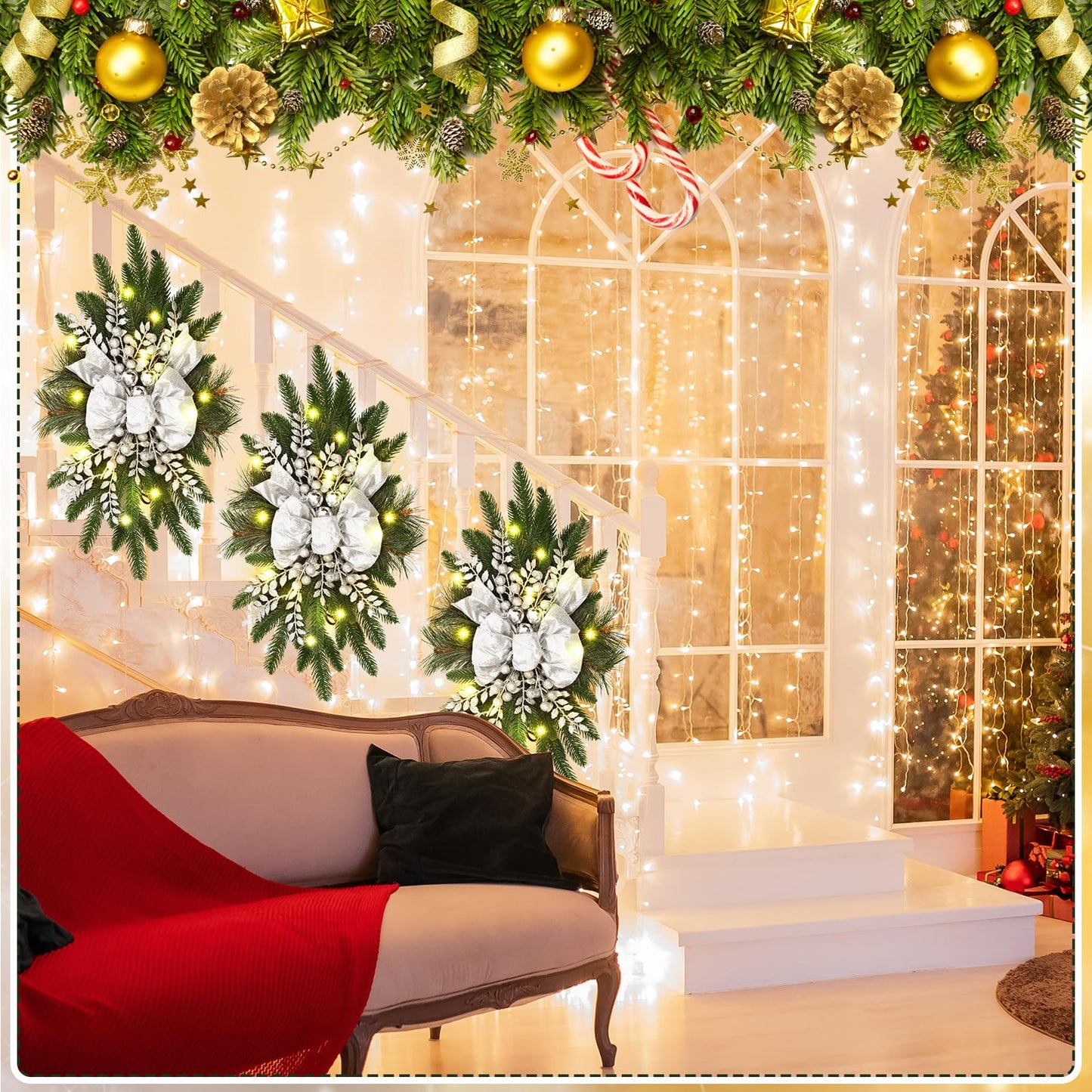 Hiboom 3 Pack Artificial Christmas Teardrop Swags 24" Xmas Cordless Prelit Stairway Swag Christmas Garland Stairs Rails Decoration with LED Lights for Indoor Outdoor(Silver,Classic Style)