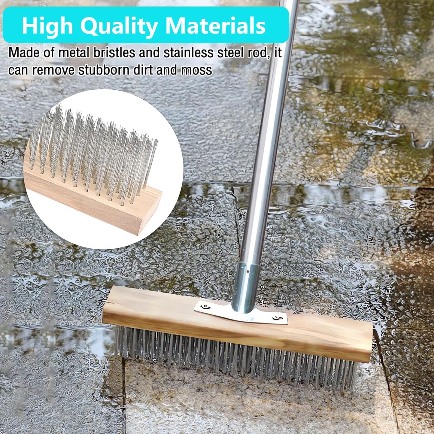 Concrete Scrub Brush - Concrete Brush Wire Broom with 62" Long Handle - Deck Brushes for Scrubbing Heavy Duty Stiff Metal Bristle Floor Scrubber Brushes for Cleaning Moss Grout Garage Patio