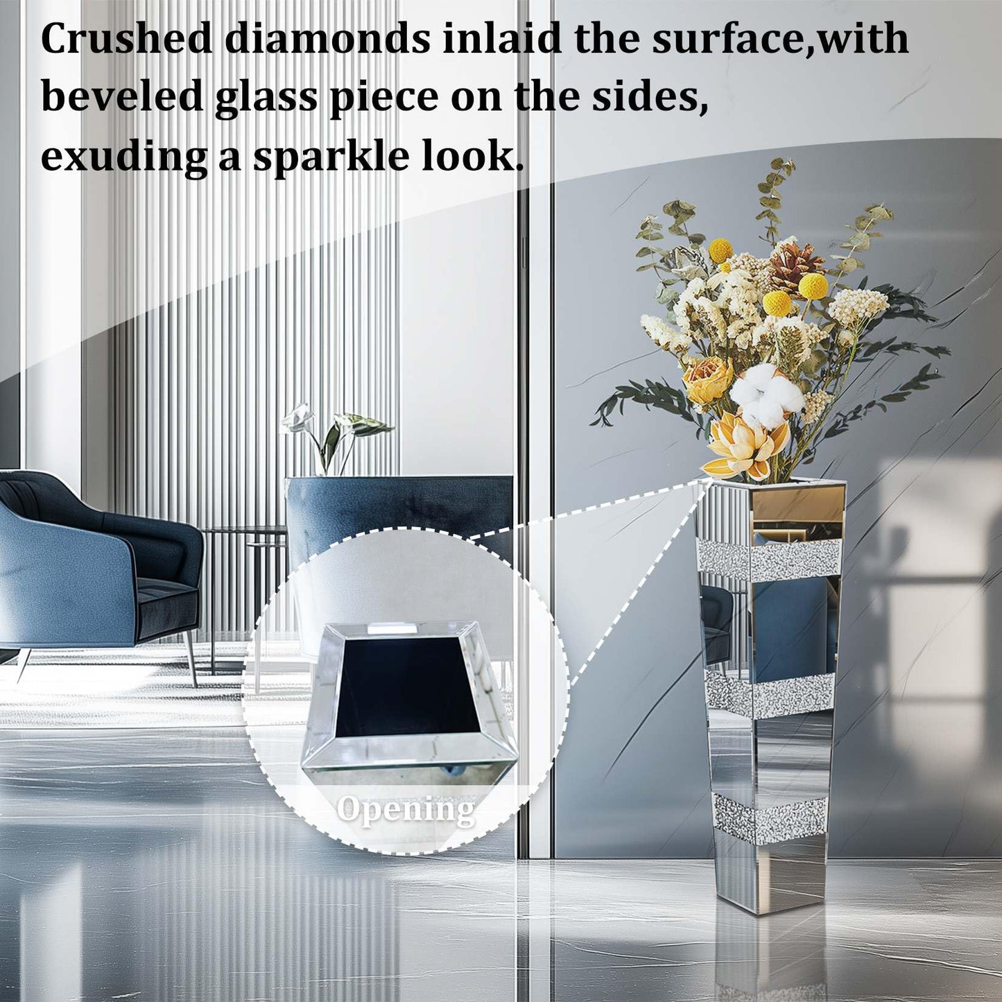 Artloge Diamond Mirror Vase Geometric Bling Decor 28 inch Tall Silver Luxury Decor