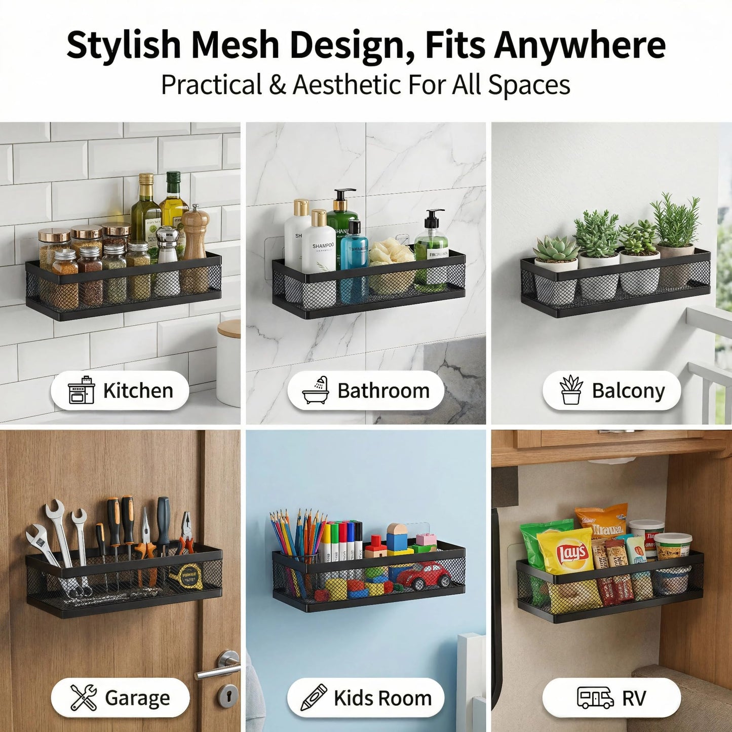 PUSDON Mesh Shower Caddy Wall Mount, Heavy Duty Adhesive Bathroom Shelf Organizer, Rustproof Floating Spice Rack for Kitchen Pantry, Holds 50 LBS, Multi-Purpose Storage Black-2 Packs (Netting)