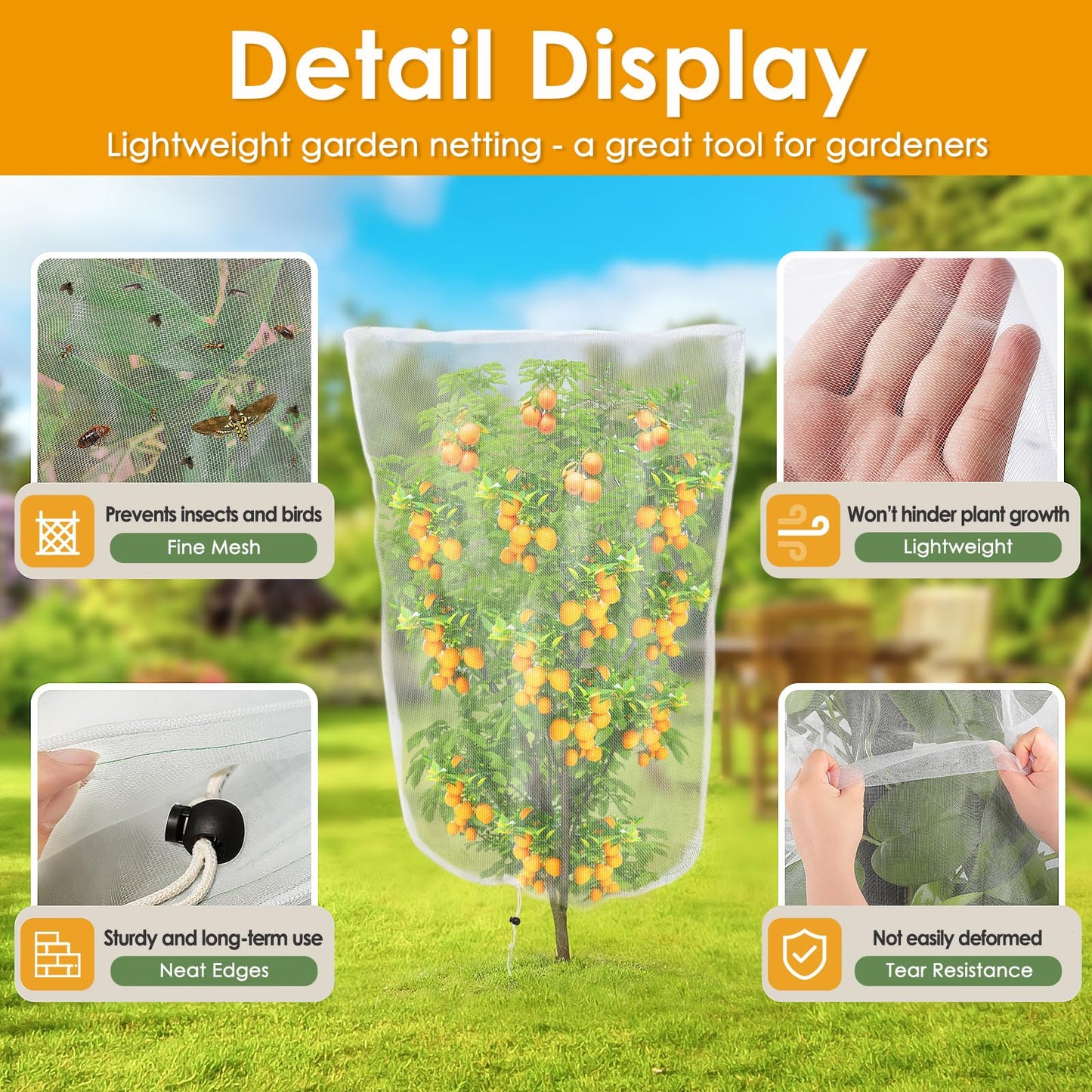 4 Pack Insect Bird Barrier Mesh - Blueberry Bush Netting Cover Insect Bird Netting Tomato Protective Cover with Drawstring Garden Mesh Netting for Vegetables, Fruits, Trees, 3.3Ft x 4.92Ft