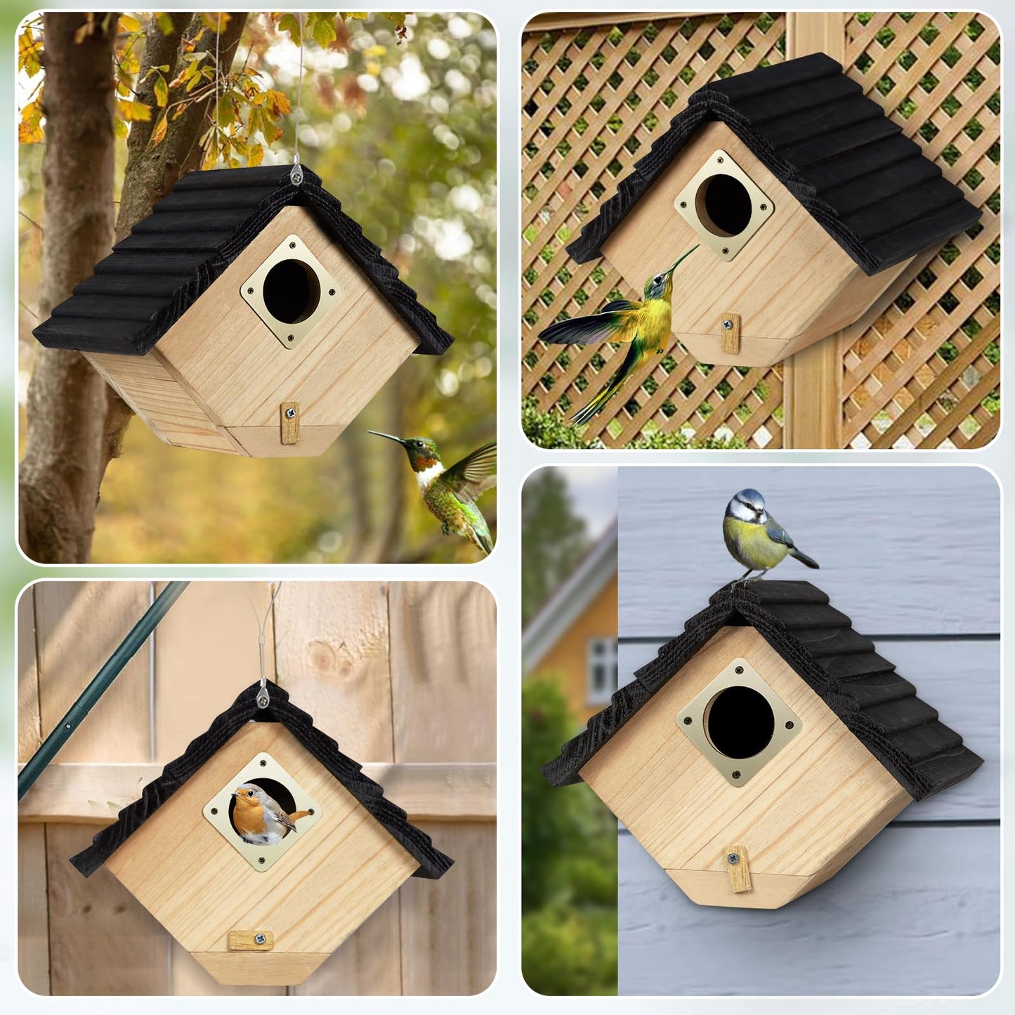 NATUREYLWL Bird House for Outside, Outdoor Bird Houses for Bluebirds, Finches & Cardinals, Wooden Birdhouse with Easy Clean Design, Hanging Birds Nest Box for Garden Decoration (8.6 x 5.9 x 7 Inch)