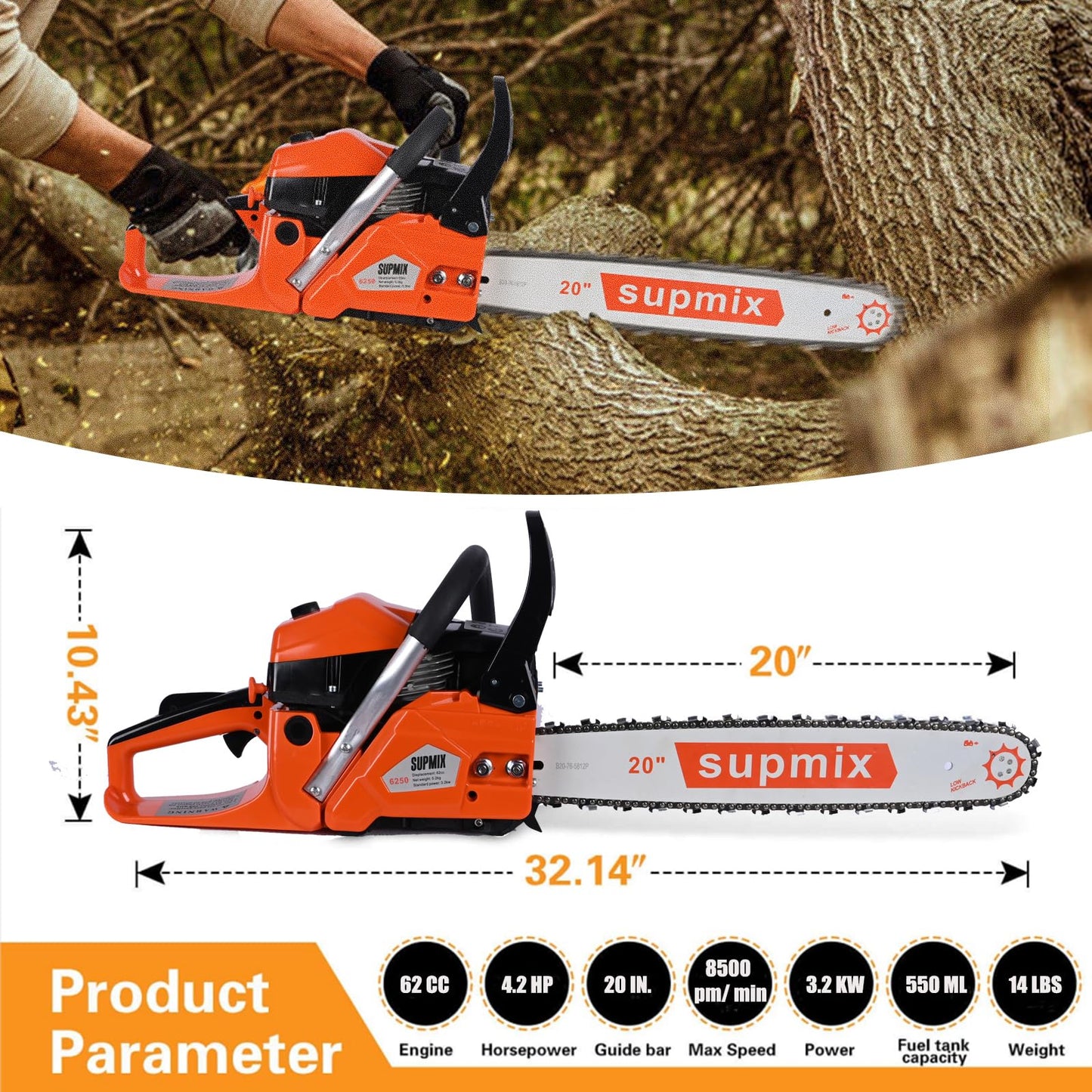 SUPMIXTOOLS 62cc Gas Chainsaw 20 Inch Gas Powered Chainsaws 2-Cycle Petrol Handheld Gasoline Chain Saw Power Saws for Cutting Wood Tree Trimming