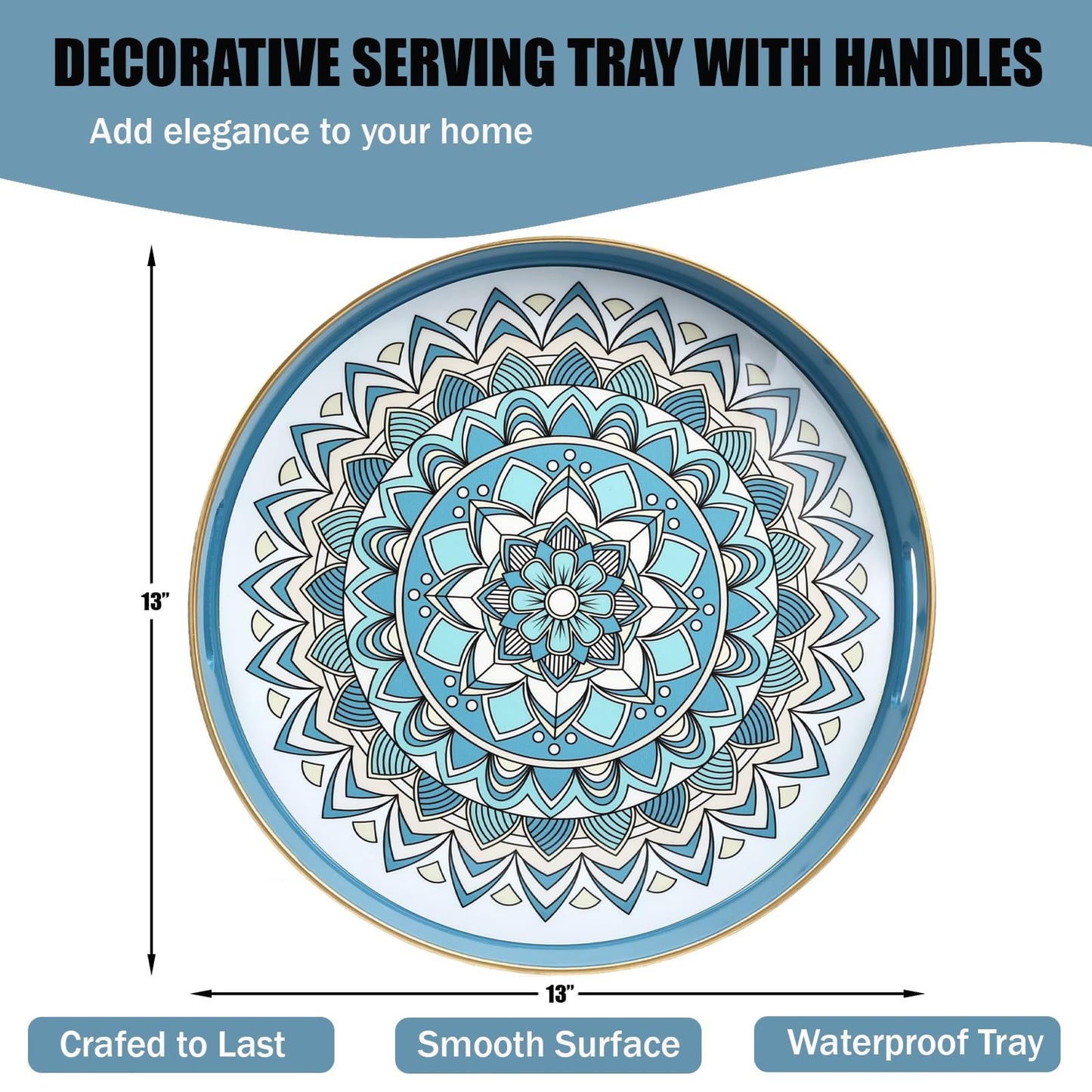 SforGUVA Round Cyan Decorative Tray for Coffee Table, Ottoman, 13” Plastic Serving Platter Tray with Handles for Entertaining, Living Room
