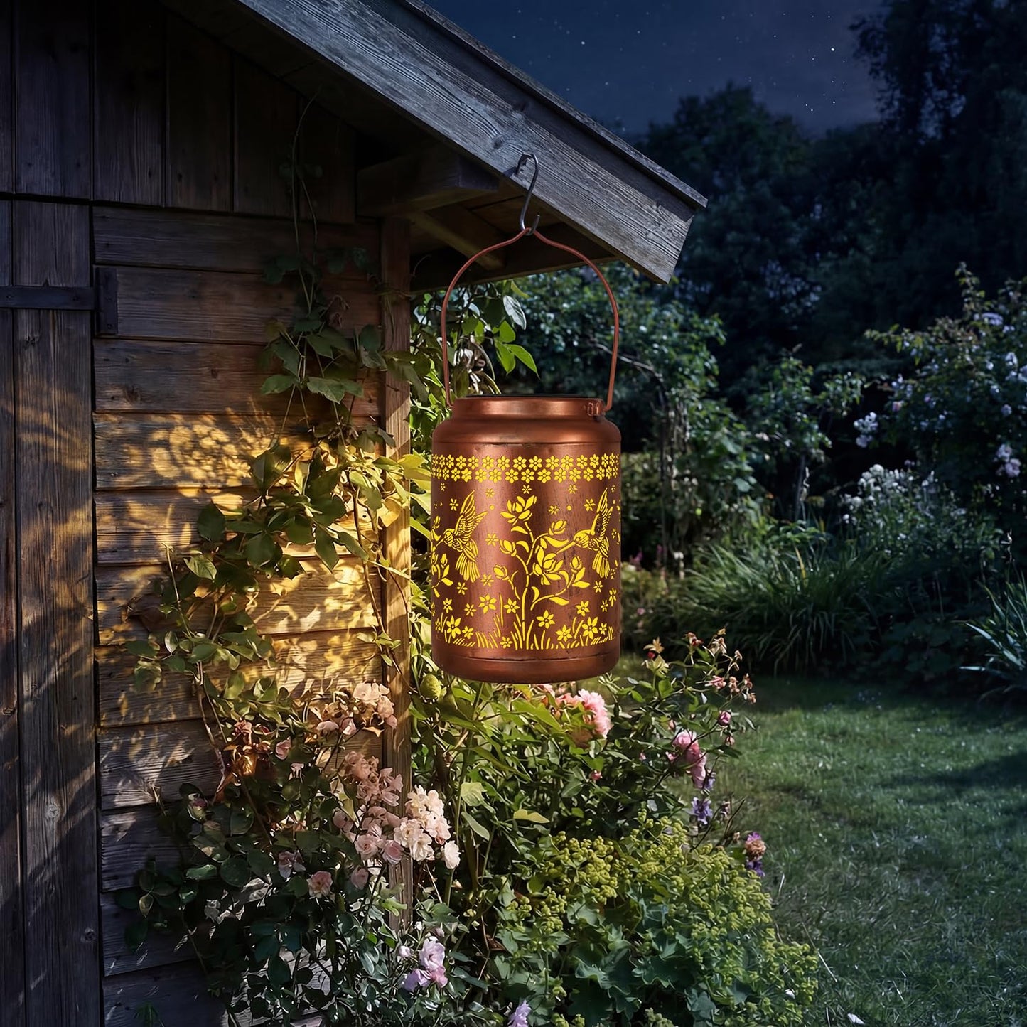 NISUNS Hummingbird Solar Lantern for Outdoor - Waterproof Mothers Day Gift for Mom Grandma Women, Hanging Garden Art Decor for Patio Backyard Porch with Auto Dusk to Dawn (Hummingbird with Flower)