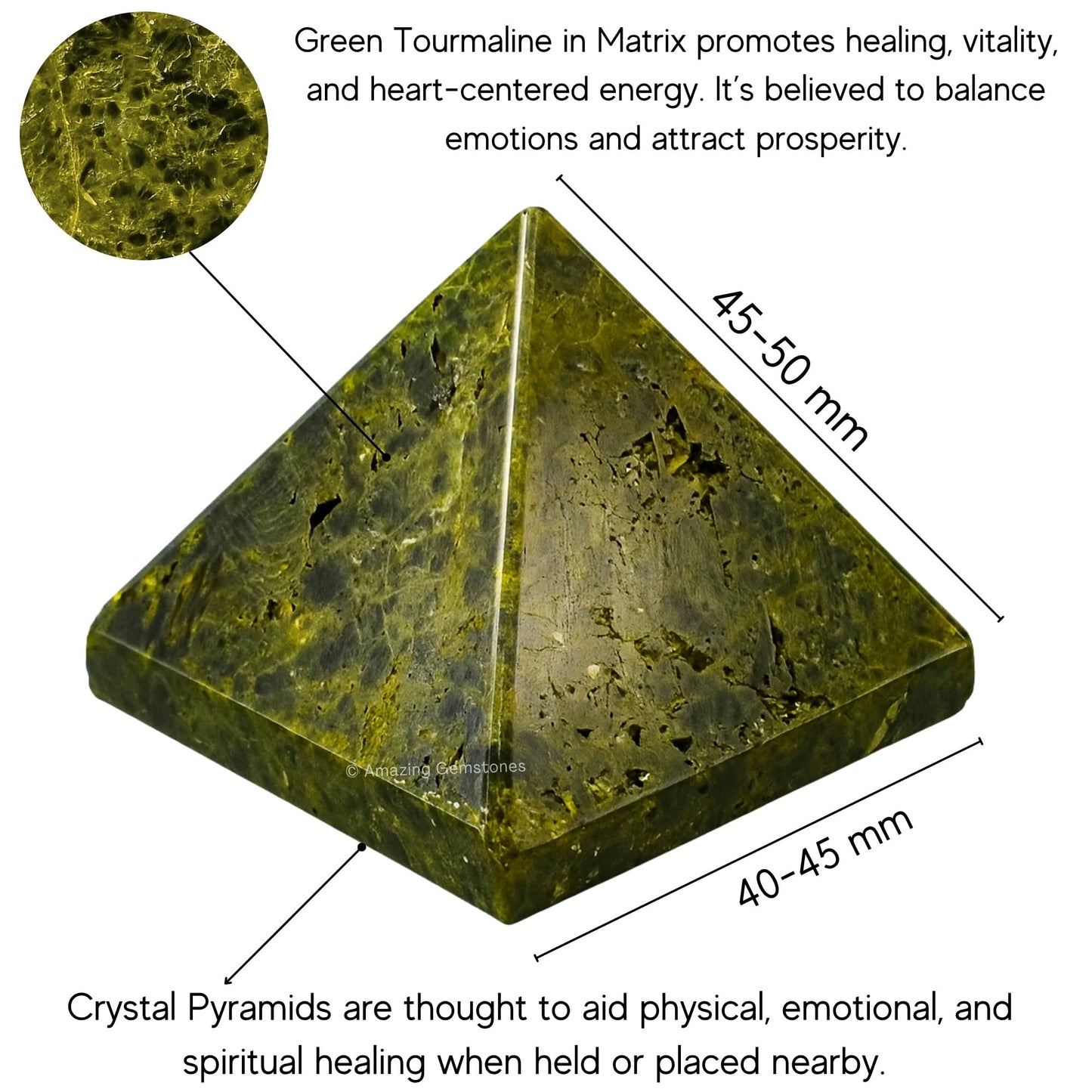 Amazing Gemstone Green Tourmaline in Matrix Pyramid Crystal Healing Stones - 2" Great Pyramid Figurine of Natural Stone Pyramid for Meditation, Reiki, Chakra Balancing and Crystal Pyramids Grid