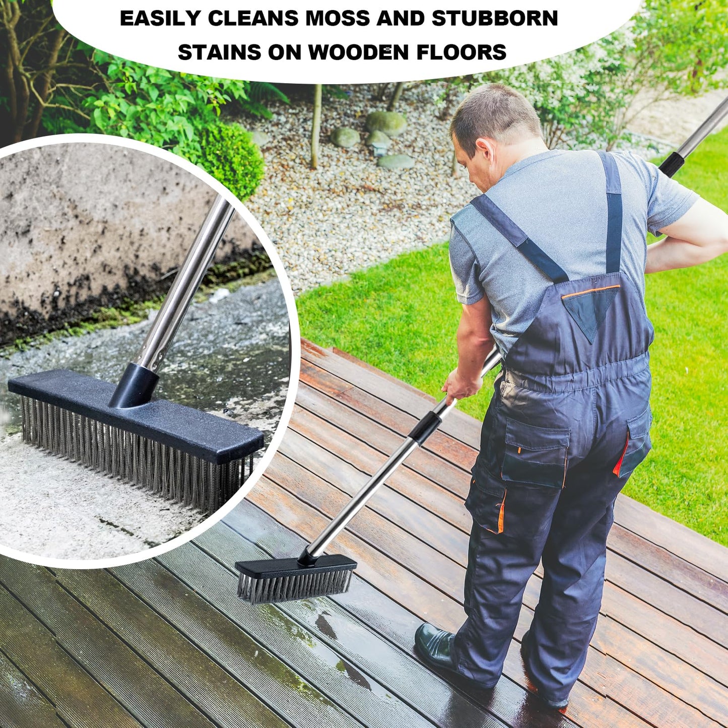 BSMstone Deck Brush Steel Wire Broom with Long Handle Stiff Scrub Brushes for Cleaning Boat Patio Concrete Moss Remover