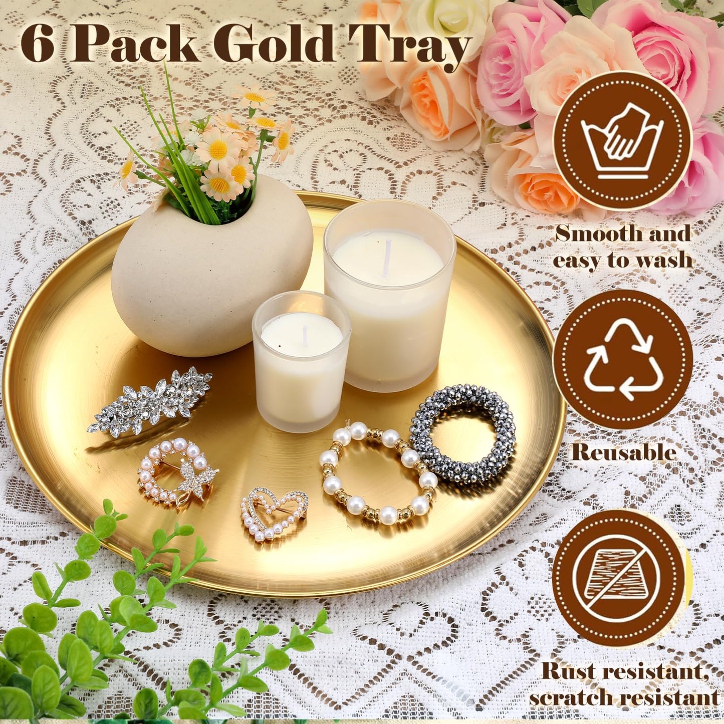 6 Pcs 12 Inch Round Gold Tray - Large Gold Tray Decorative Serving Bar Dish Key Bowl Mirror Dresser Vanity Tray for Jewelry Makeup Organizer, Bathroom, Candle, Perfume, Countertop