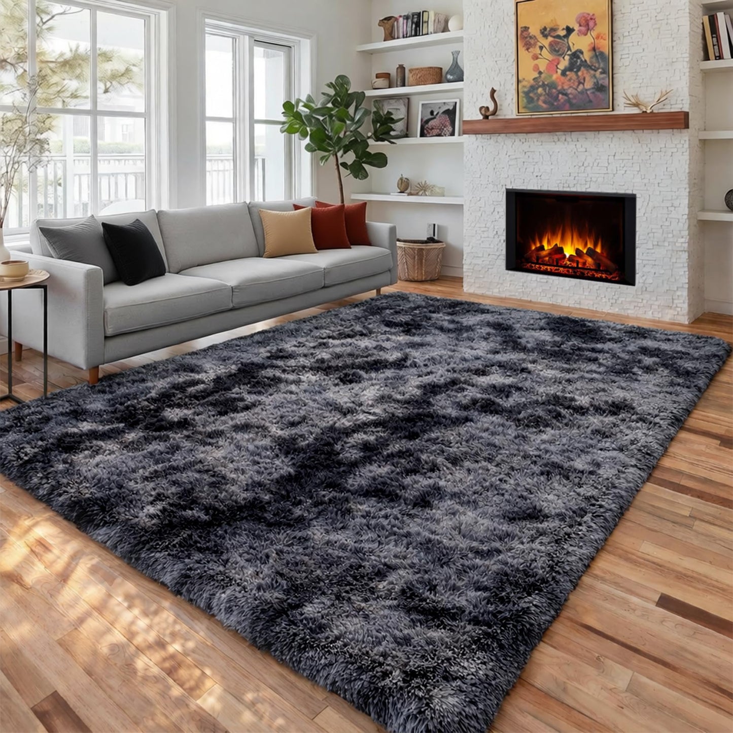PAGISOFE Abstract Shaggy Area Rug 4' x 6' Plush Furry Rugs for Living Room, Tie-Dyed Dark Grey Soft Fluffy Rugs for Bedroom Grils Boys, Fuzzy Rug for Nursery, Dorm. Shag Carpet for Kids Room Decor
