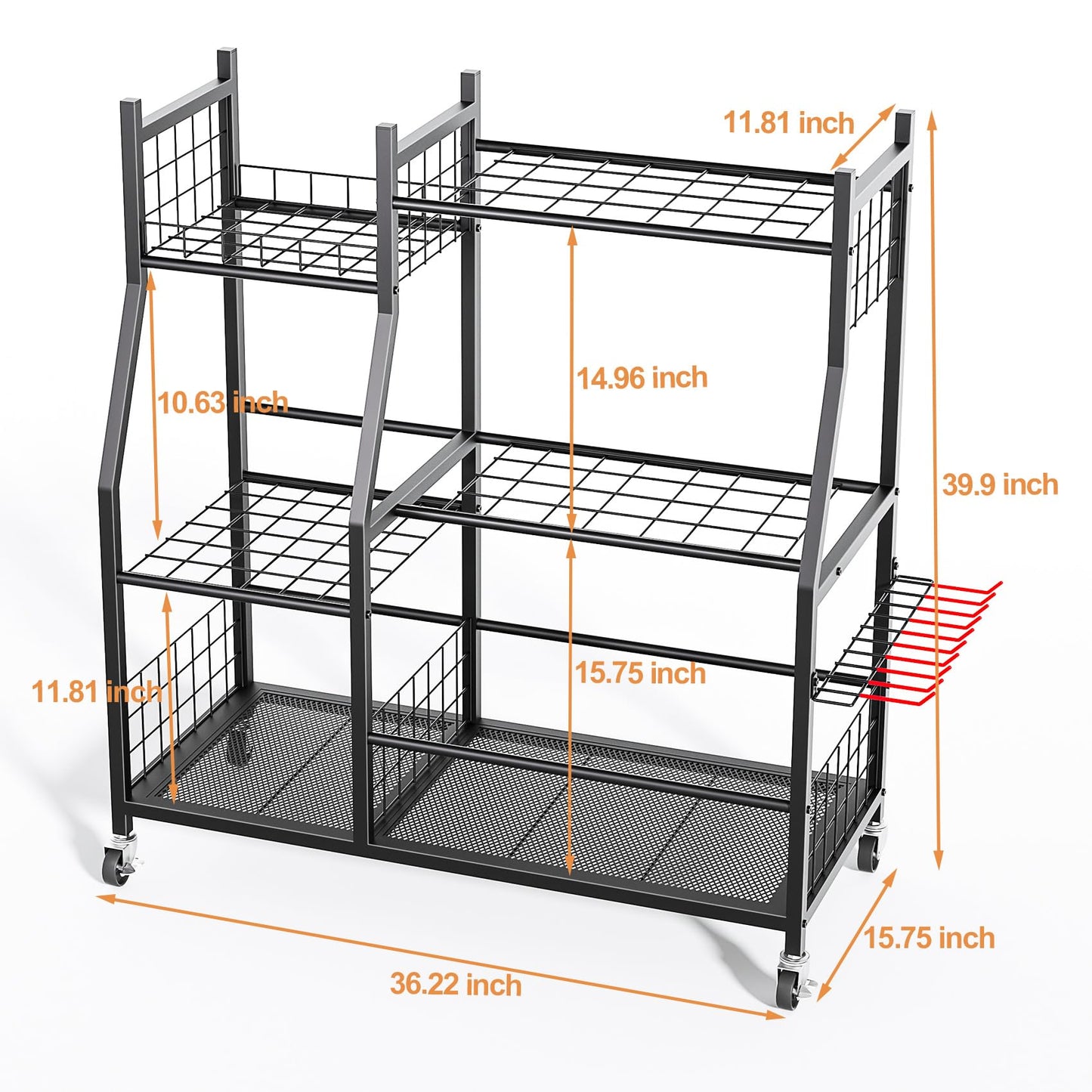 Garden Tool Organizer with Wheels for Garage, Freestanding Garage Tool Organizer, Yard Tool Holder, Garden Tool Cart for Long Handled Tools,Rakes, Brooms, Yard Storage Rack for Shed, Indoor, Outdoor
