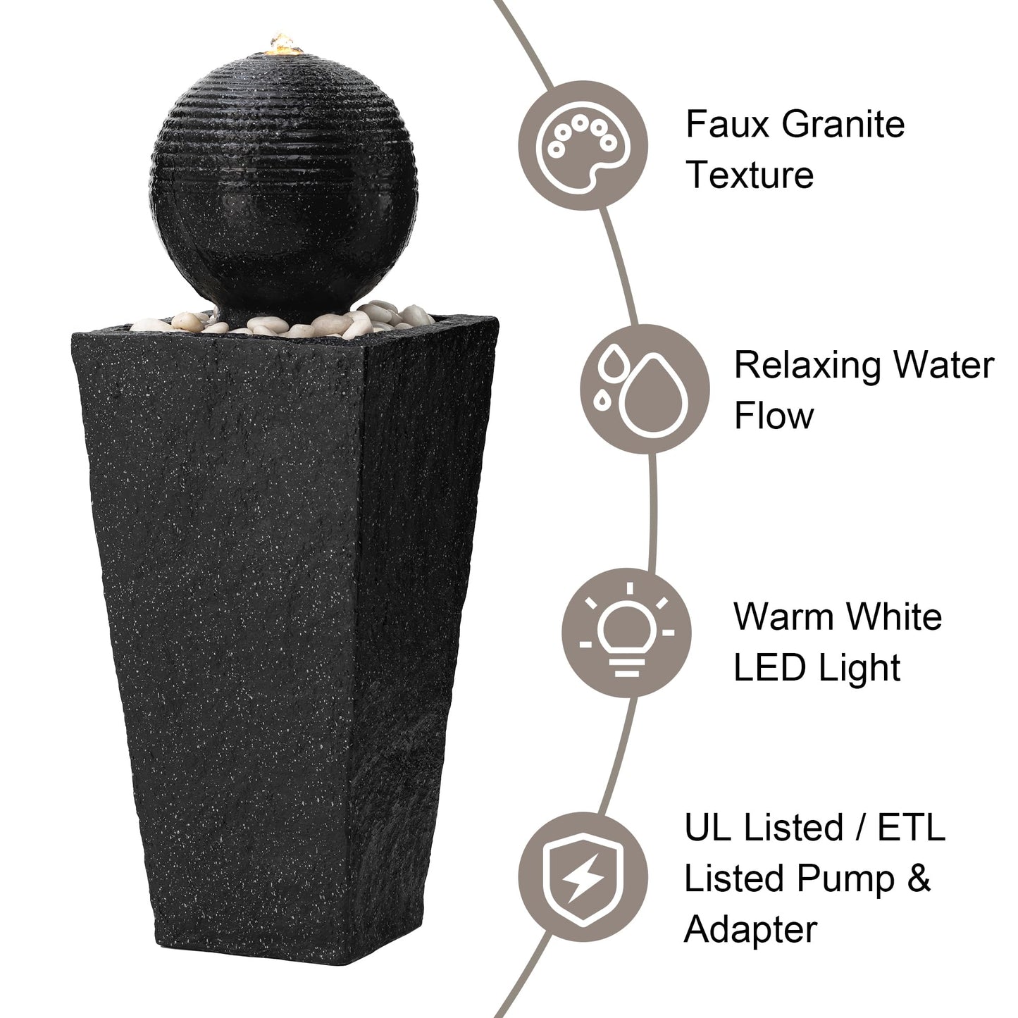 Glitzhome Outdoor Water Fountain with LED Light, Decorative Black Pedestal Water Fountains with Submersible Pump, Modern Sphere Floor Fountain with Pebbles for Garden Patio Decor Porch, 31.75”H