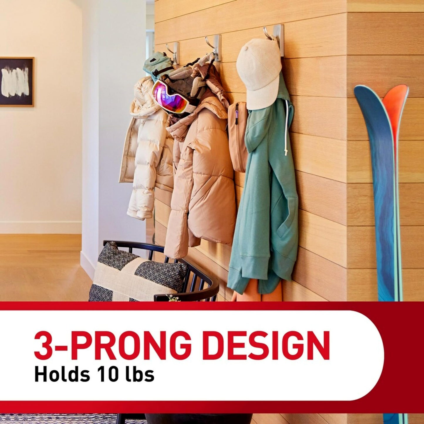 Command X-Large Satin Nickel Triple Hook, 1 Hook, 3 Strips, Damage-Free Hanging with Adhesive Strips, No Tools Wall Hook for Hanging Decorations in Living Spaces