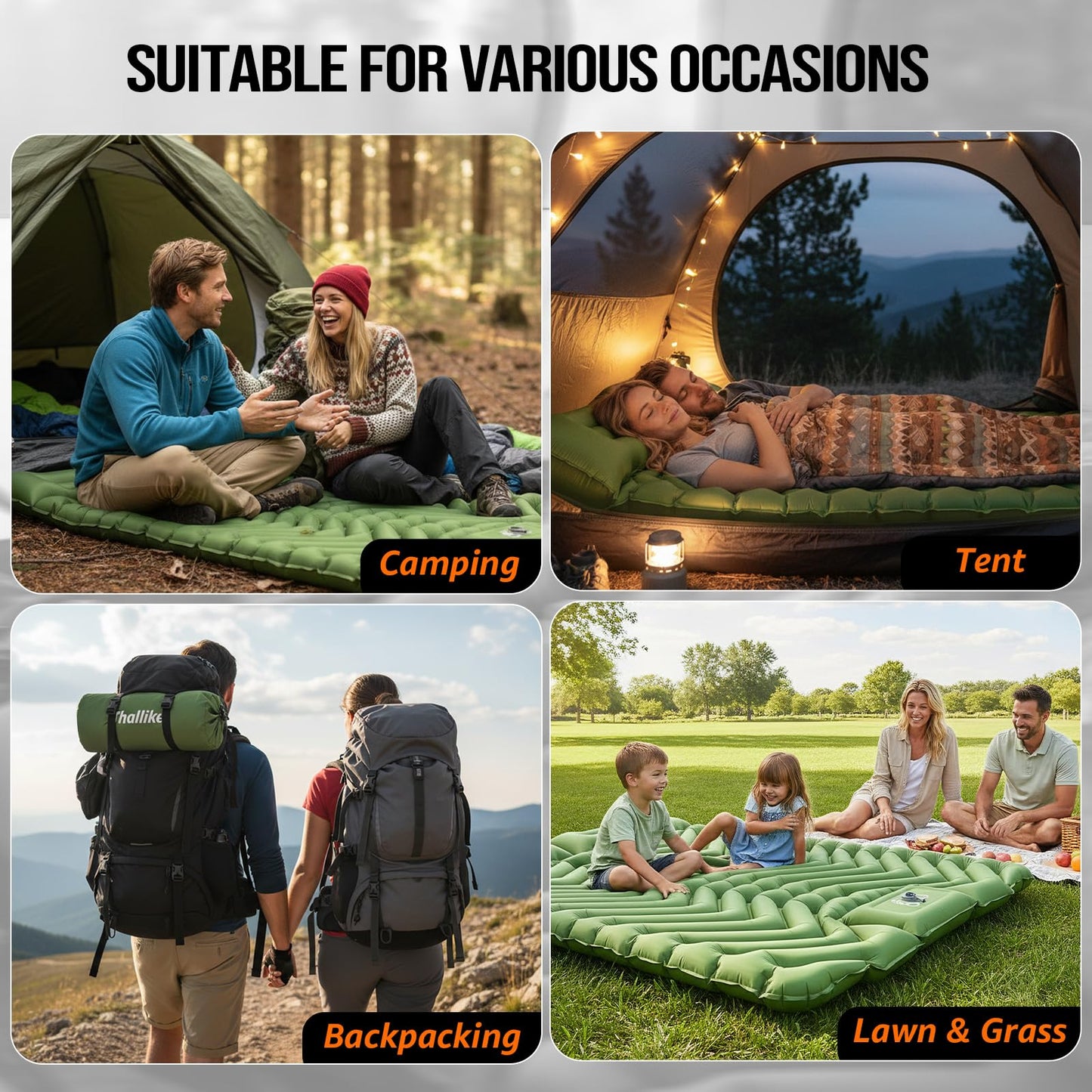 Double Sleeping Pad for Camping- 2 Person Camping Mattress with Pillow, Inflates in 60 Seconds Sleeping Pad with Pump-Electric/Foot Portable Air Pad for Backpacking, Hiking, Tent, Car Travel, Beach