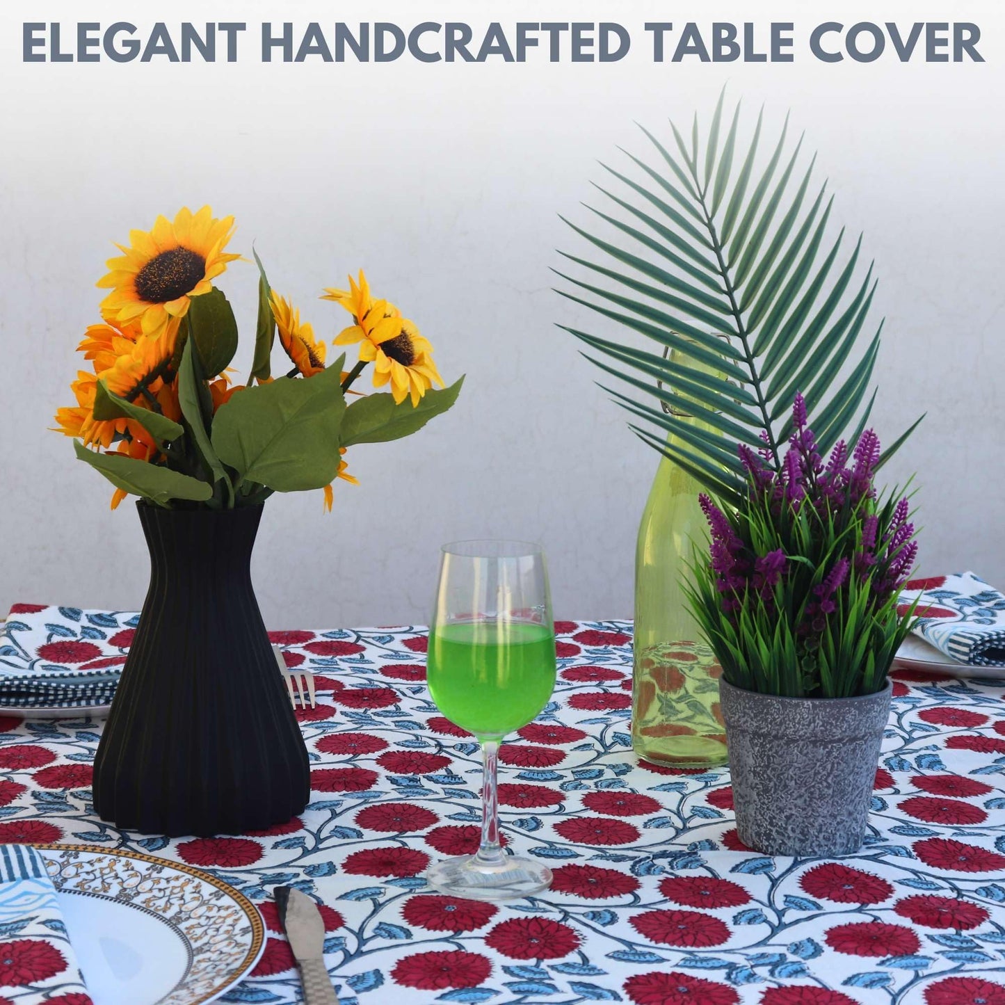 HANDICRAFT HANDLOOM Handblock Print Cotton Tablecloth – 60x90 Rectangle Table Cover Seats 6 – Indian Block Printed Floral Dining Table Linen – Boho Washable Cloth for Kitchen, Party, Outdoor (White)