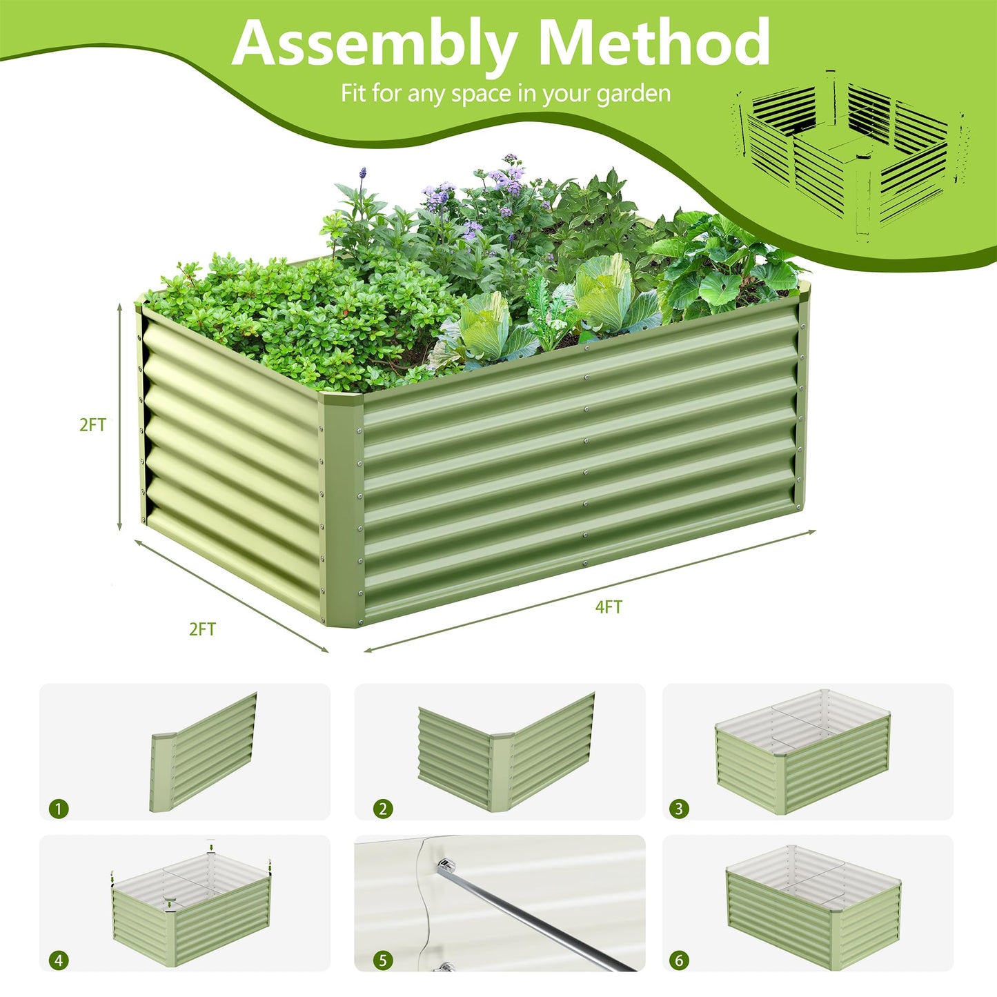Ayen Guard 2PCS 4x2x2FT Galvanized Raised Garden Bed,Galvanized Planter Boxes Outdoor, Large Metal Raised Garden Beds for Vegetables-Green