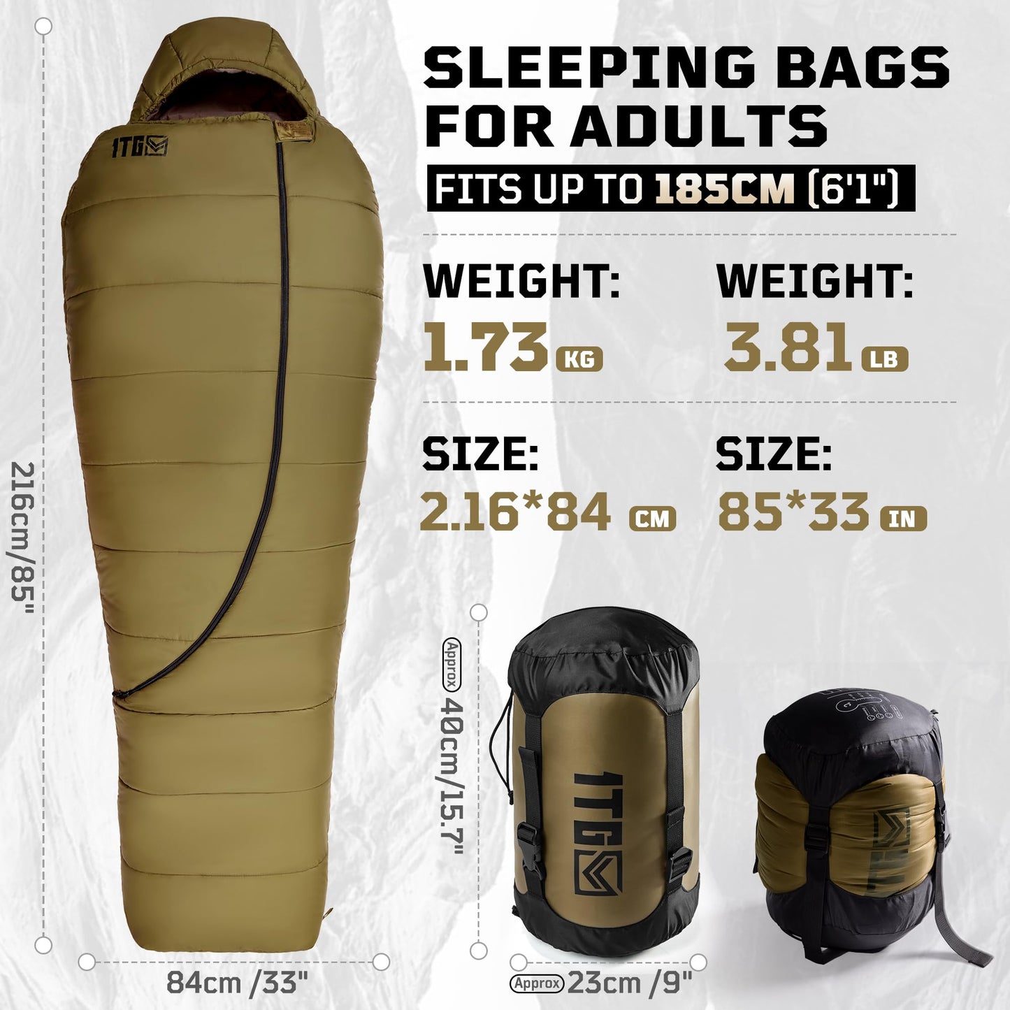 Mummy Sleeping Bag for Adults, 25℉-36℉ Cold Weather Backpacking Sleeping Bag, Lightweight 3-4 Season Winter Camp Bag with Adjustable Hood & Compression Sack, Machine Washable