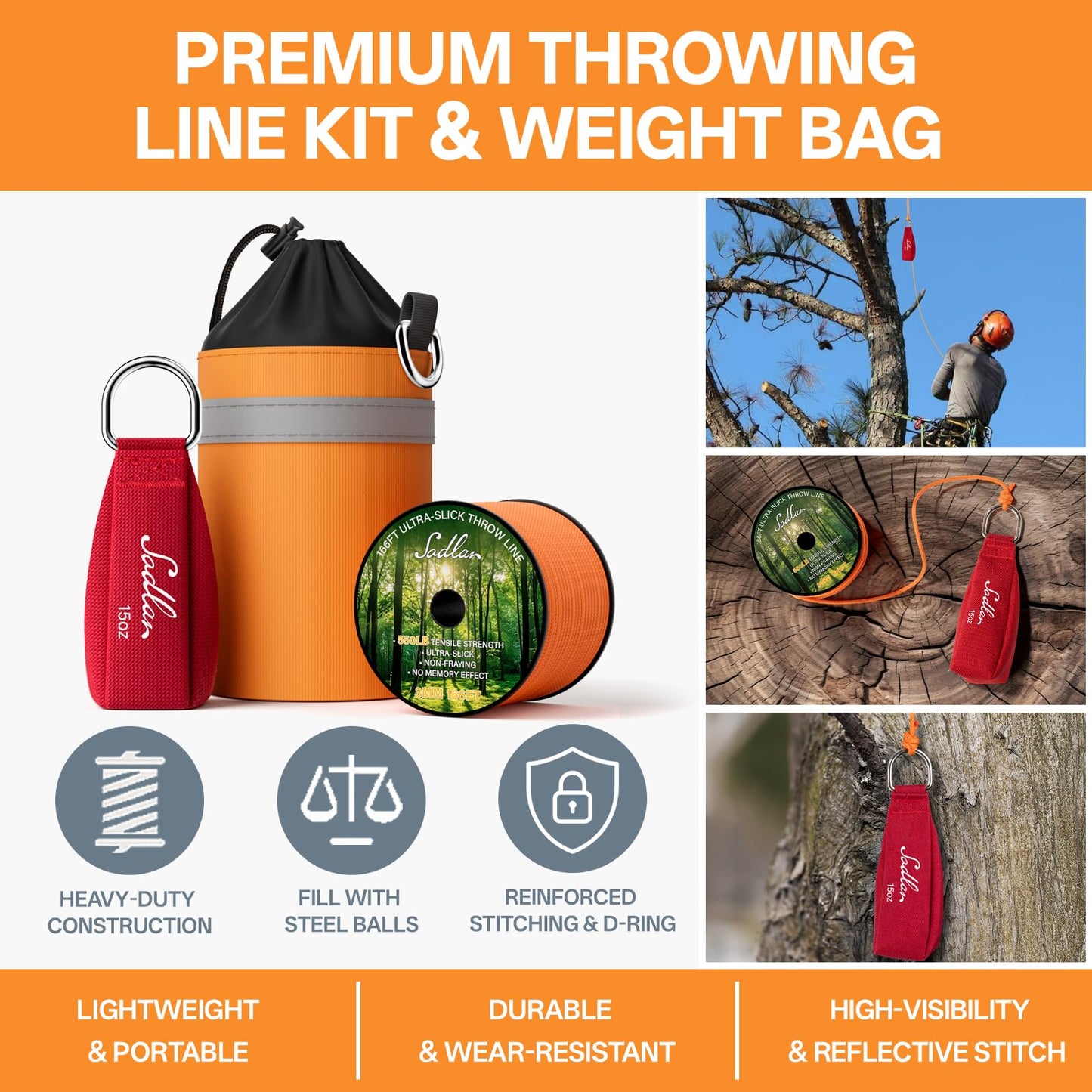 Arborist Throw Line Kit - Ultra Slick 166ft Polyester Rope with 11Oz Weight Throw Bag Low High Limb Throwing Adults Forestry Tree Trimming Cutting Gear
