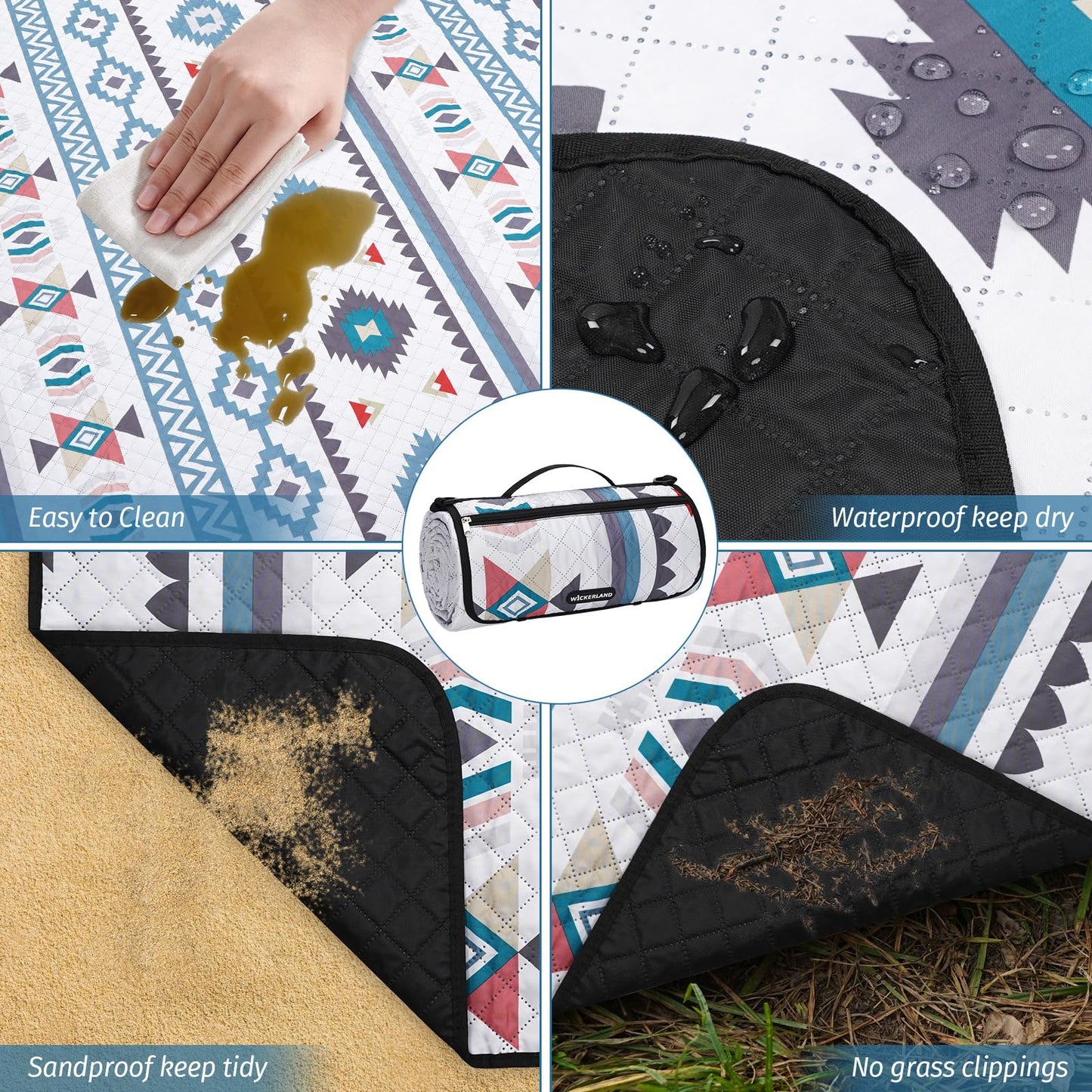 WICKERLAND Picnic Blankets Extra Large - Beach Blanket Waterproof Sandproof with Shoulder Strap, Machine Washable, Outdoor Blanket with Stakes for Grass Concert, Park, Lawn,Travel,Spring Summer. Navy