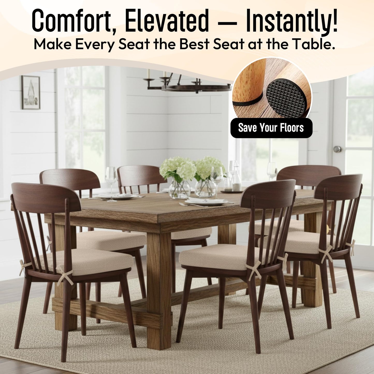 KVENLAND CO Chair Cushions for Dining Chairs - 17" x 16" x 2" D-Shaped Indoor Seat Cushions - Non Slip Chair Pads with Removable Ties and Washable Cover Set of 4 - Chair Leg Pads Included - Beige
