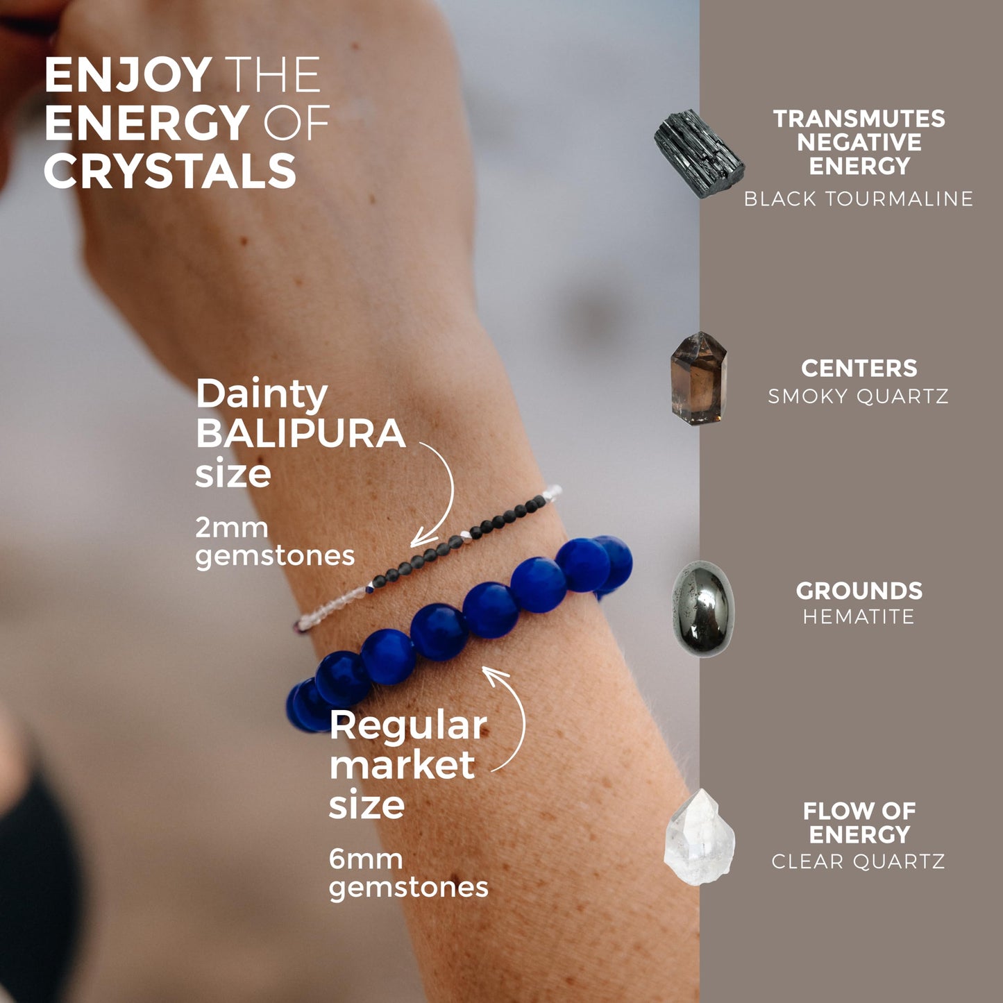 BALIPURA - Healing Bracelet for Women - Healing Crystals, Black Tourmaline- Grounding Hematite Bracelet- Crystals Bracelet And Healing Stones - Smoky Quartz - 2mm Small Bead Bracelets