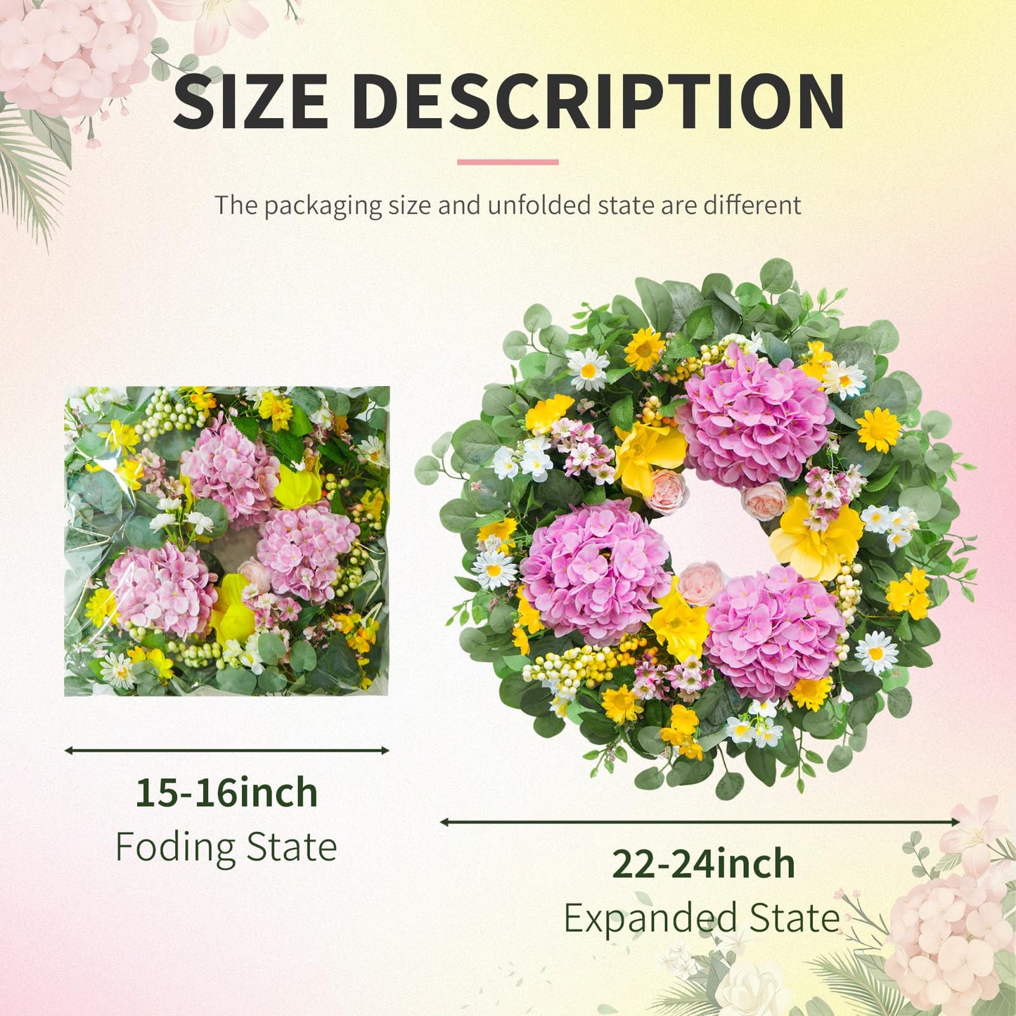 Rimalo 24 Inch Spring Summer Wreaths for Front Door - Summer Wreath with Vibrant Hydrangea, Roses, Daisies and Yellow Berries for Porch, Mantel, Farmhouse Home Decor, Outdoor Artificial Flower Wreath