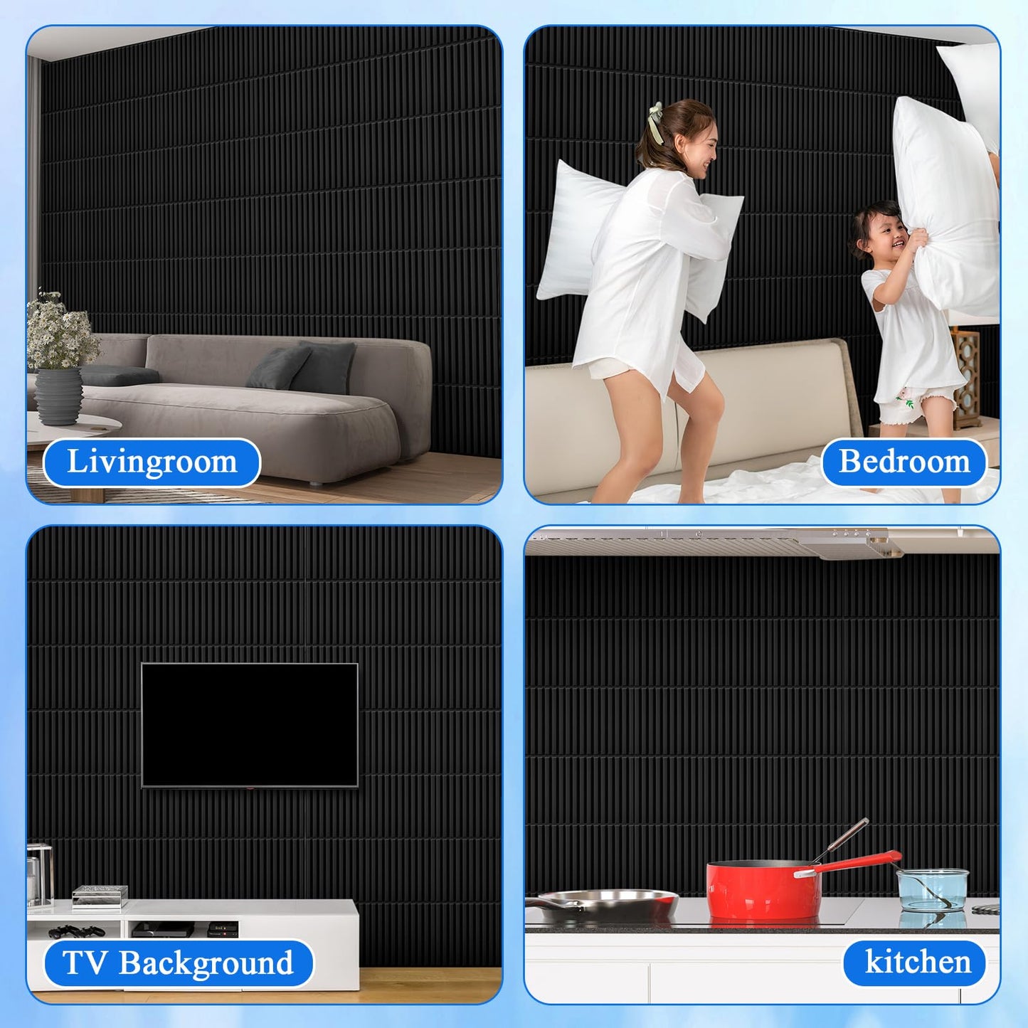 Nuanchu 32 Pcs 3D Slat Wall Panels, 12"x12" PVC Fluted Wall Paneling for Interior Decor, Paintable Waterproof Textured Tiles for Living Room TV Background Gaming Room, 32 Sq. ft Coverage (Black)