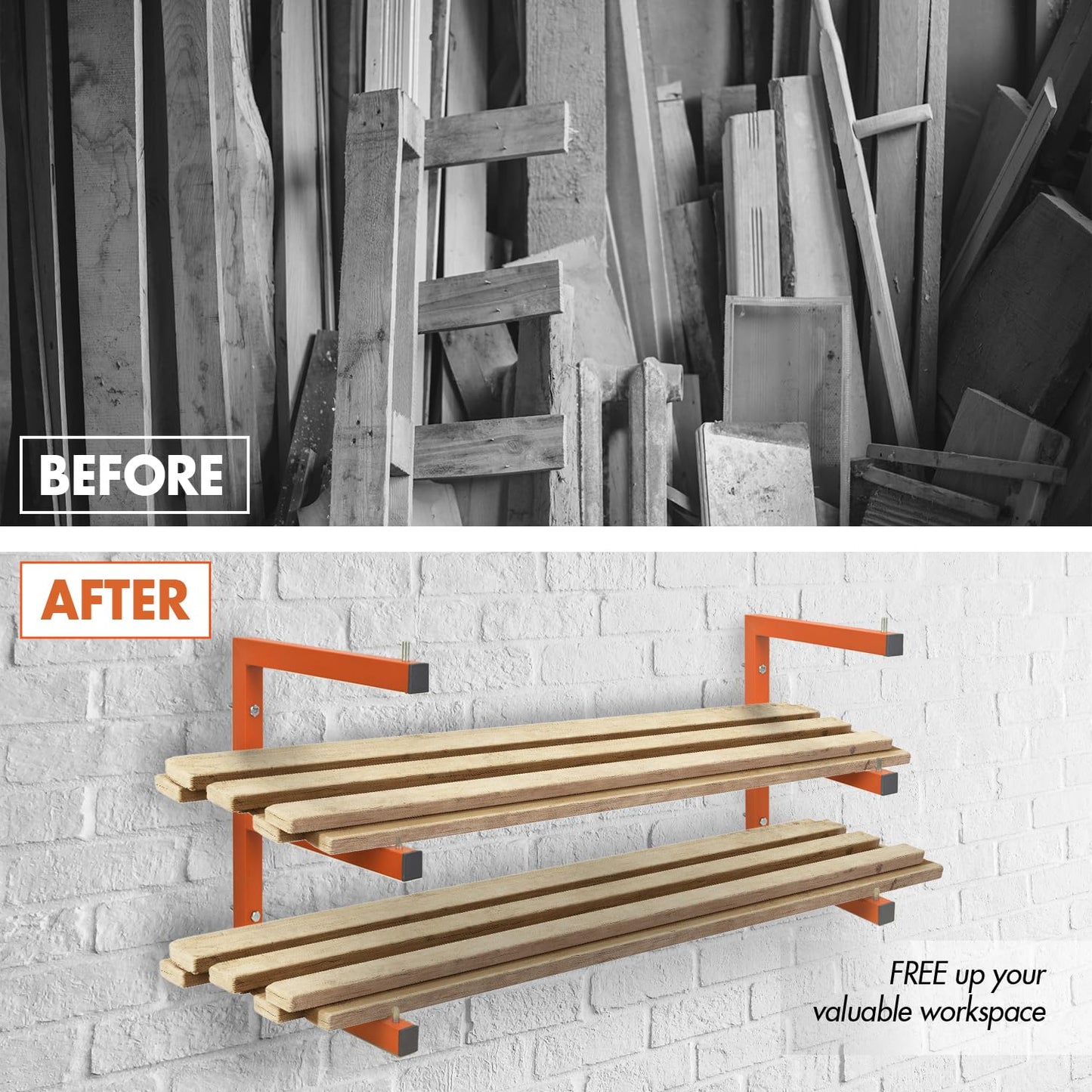 WIMART Lumber Storage Metal Rack Wall, Heavy Duty 3-Level Wall-Mounted Wood Rack Organizer for Garage Workshop and Shed (6 Pack)
