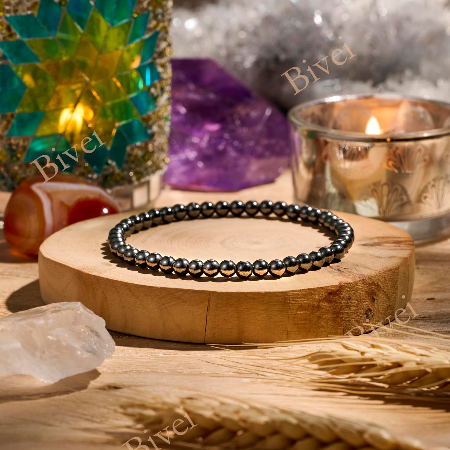Bivei Hematite - Grounding - 4mm Beaded Bracelets for Women Handmade Semi Precious Natural Stone Stretch Elastic Jewelry Yoga Protection Gifts Small