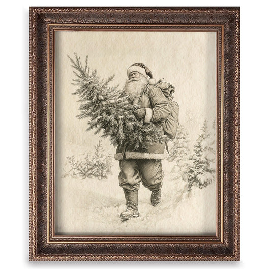 Vintage Christmas Tree Painting Print, Santa Claus Christmas Art Print, Antique Holiday Winter Wall Decor, Winter Xmas Vintage Wall Art, Holiday Decor (8 x 10 in Print Unframed, Santa Tree)