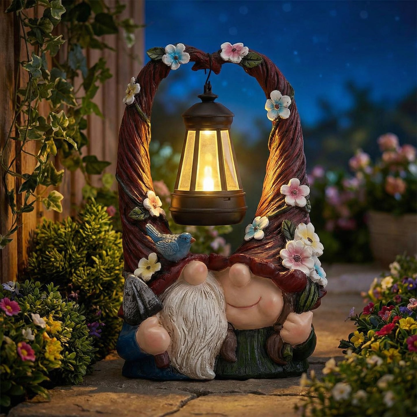 Joint Honglin Outdoor Couple Gnome Decorations with Solar Light Lantern Double Cute Gnomes Resin Statues Outdoor Decor Gifts for Valentine's Day Anniversary(Couple Gnome)